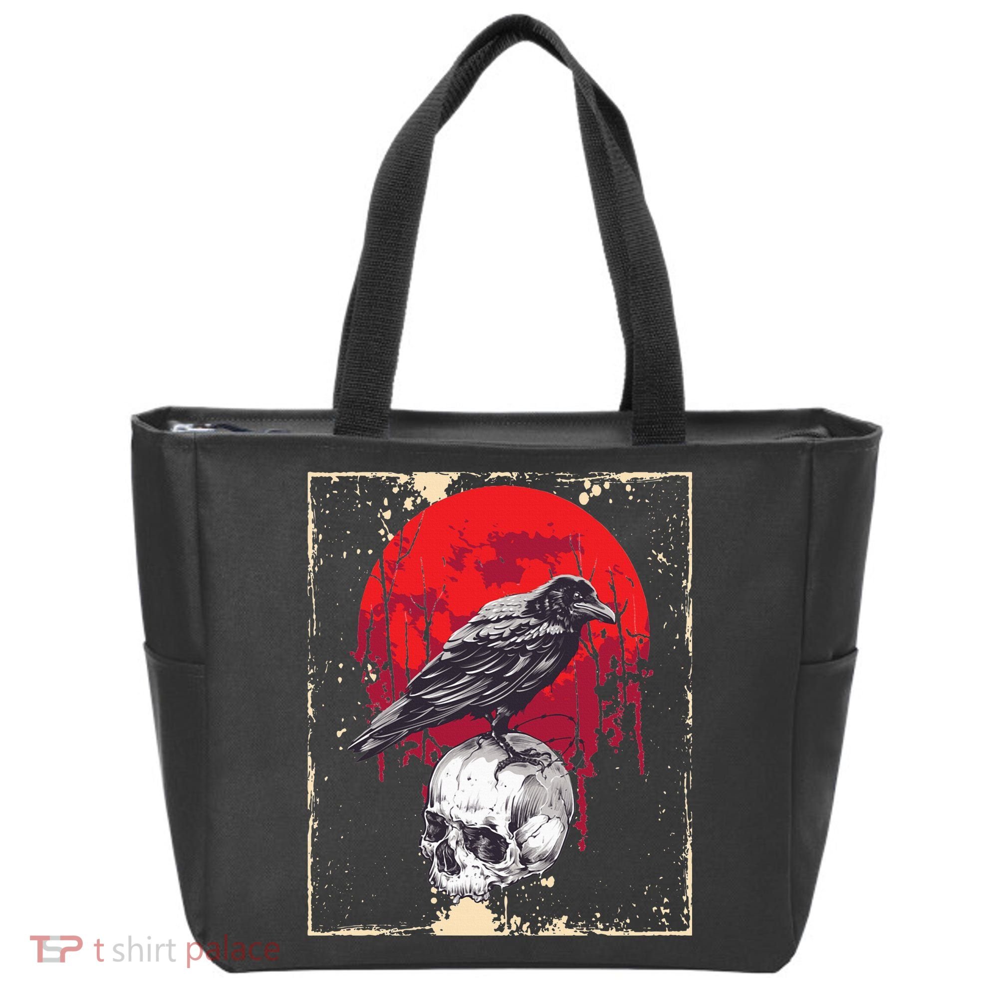 Gothic Raven Skull Red Moon Black Crow Tote Bag