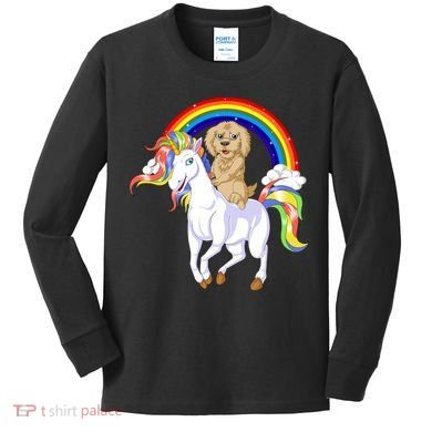 Goldendoodle Riding Unicorn Kids Long Sleeve Shirt