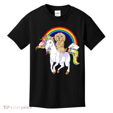 Goldendoodle Riding Unicorn Kids T-Shirt