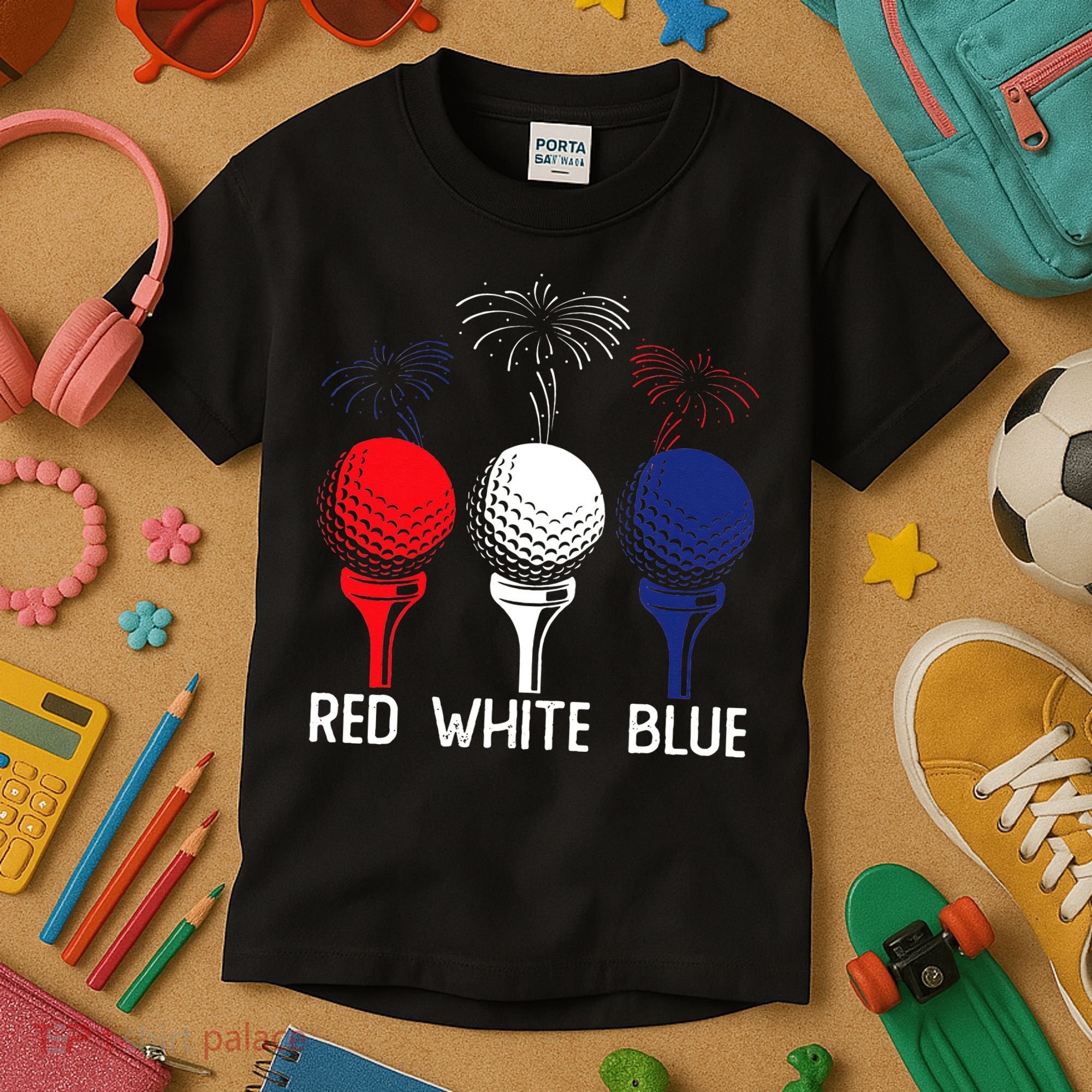 Golf Red White Blue Us Flag Patriotic 4th Of July Kids T-Shirt