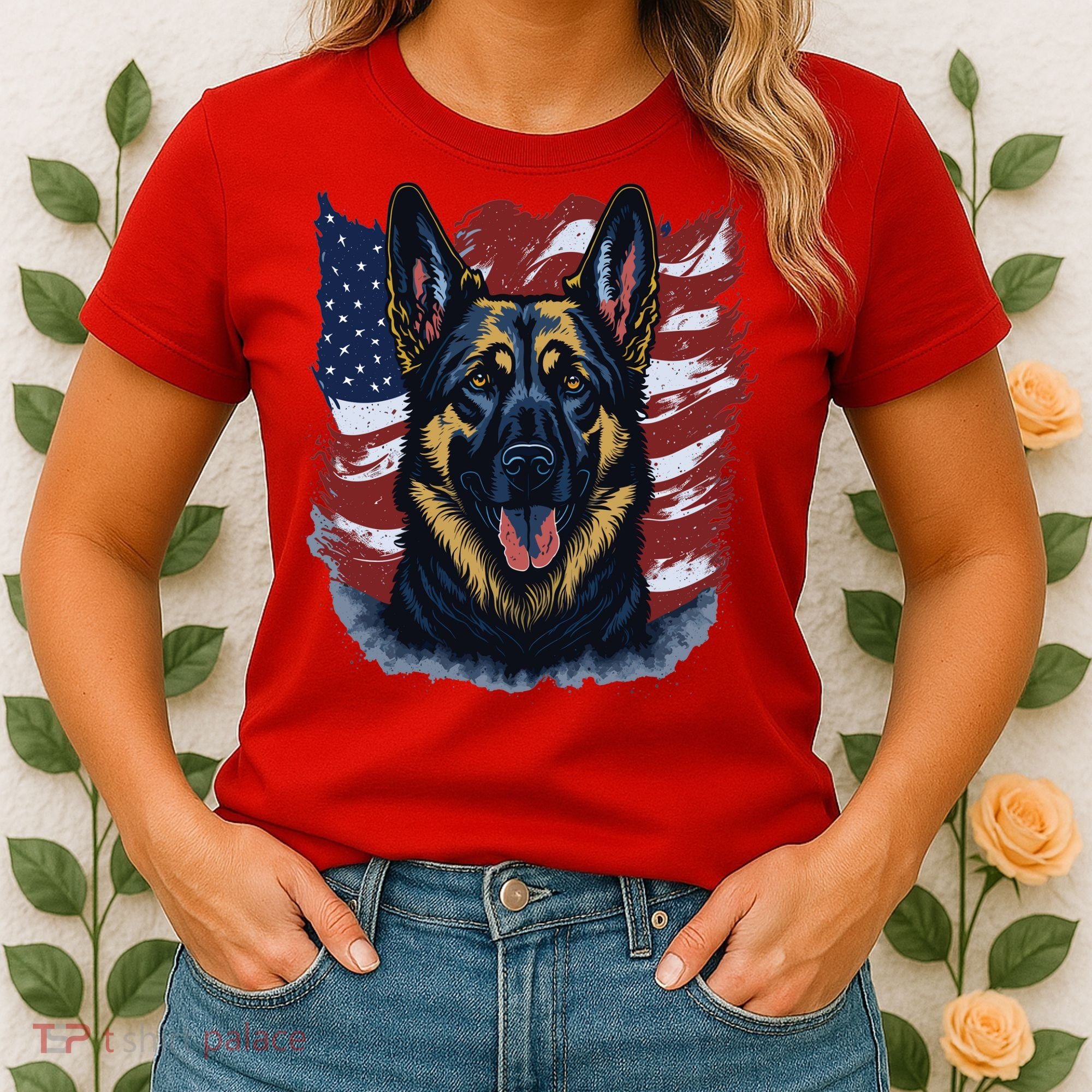 German Shepherd American Flag Usa Patriotic Dog Gift Women's T-Shirt