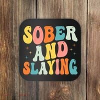 Groovy Sober And Slaying Sobriety Recovery Anniversary Awareness Coaster thumb 0