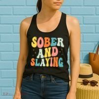 Groovy Sober And Slaying Sobriety Recovery Anniversary Awareness Women's Tank Top thumb 2