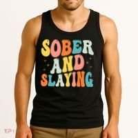 Groovy Sober And Slaying Sobriety Recovery Anniversary Awareness Tank Top thumb 3
