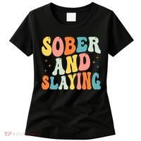 Groovy Sober And Slaying Sobriety Recovery Anniversary Awareness Women's T-Shirt thumb 0
