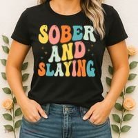 Groovy Sober And Slaying Sobriety Recovery Anniversary Awareness Women's T-Shirt thumb 2