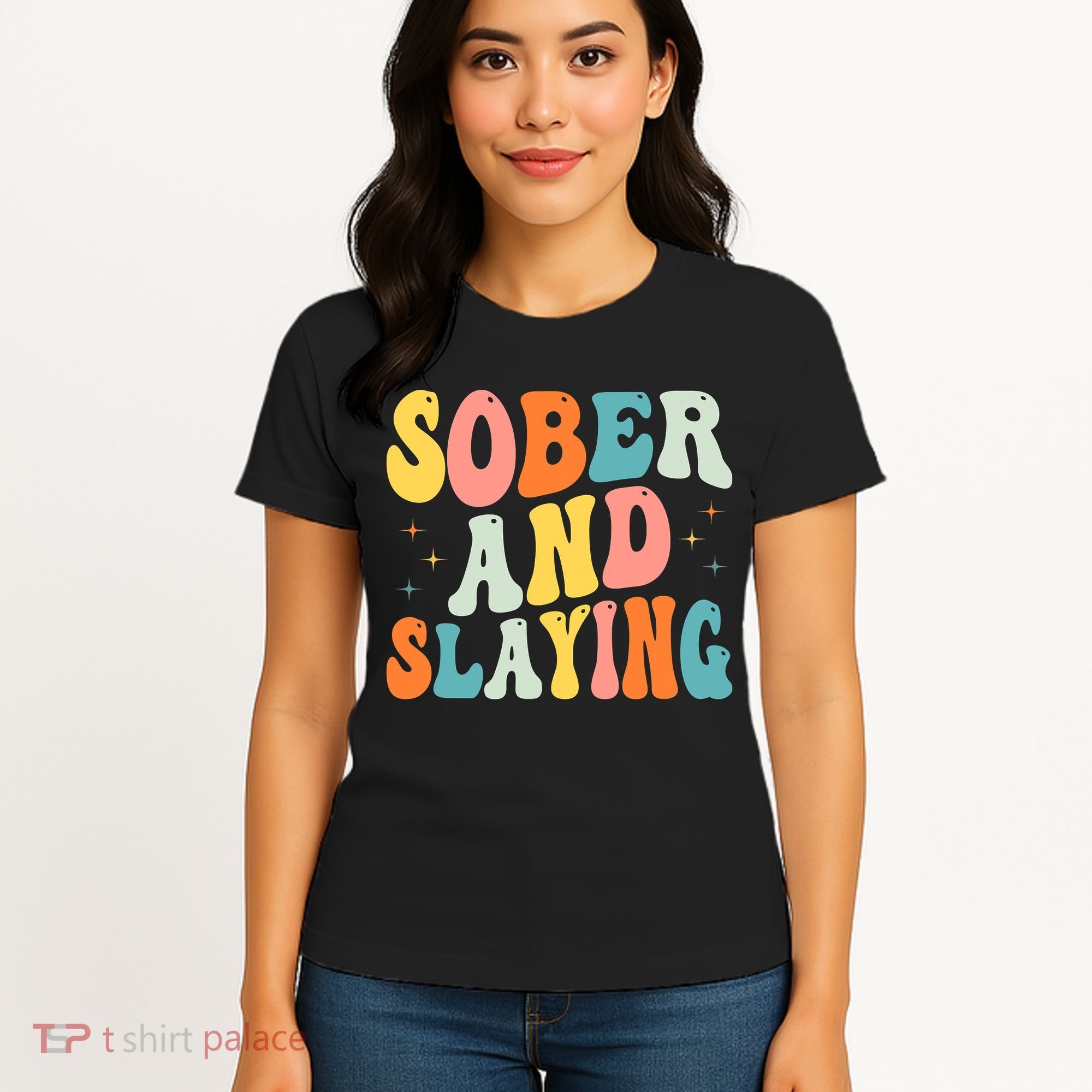 Groovy Sober And Slaying Sobriety Recovery Anniversary Awareness Women's T-Shirt