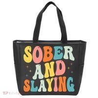 Groovy Sober And Slaying Sobriety Recovery Anniversary Awareness Tote Bag thumb 0