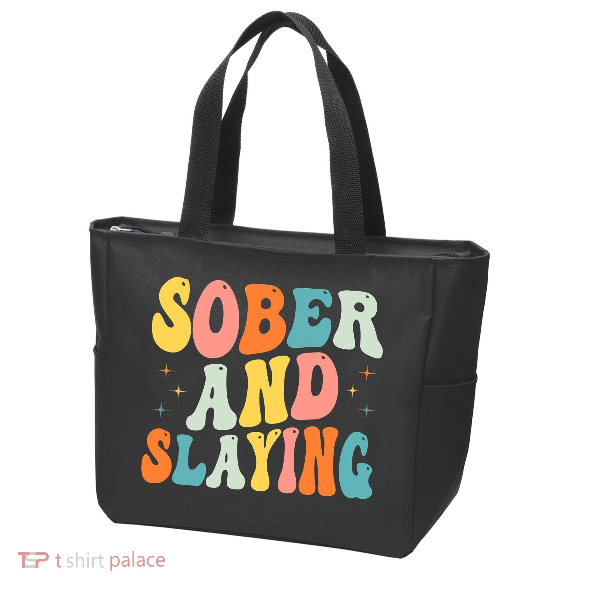 Groovy Sober And Slaying Sobriety Recovery Anniversary Awareness Tote Bag