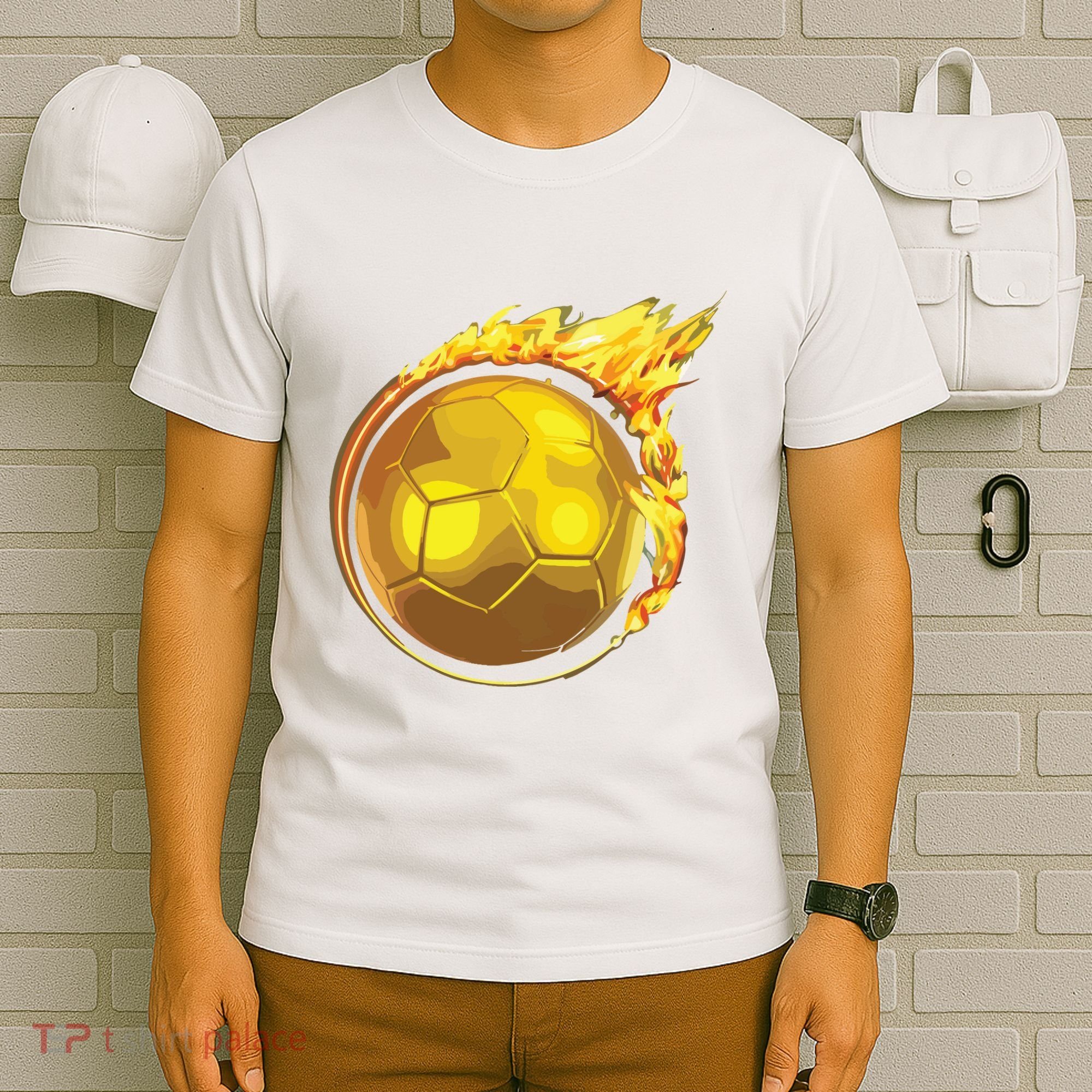Gold Soccer Ball Flames Flaming Flying Soccer Ball On Fire T-Shirt