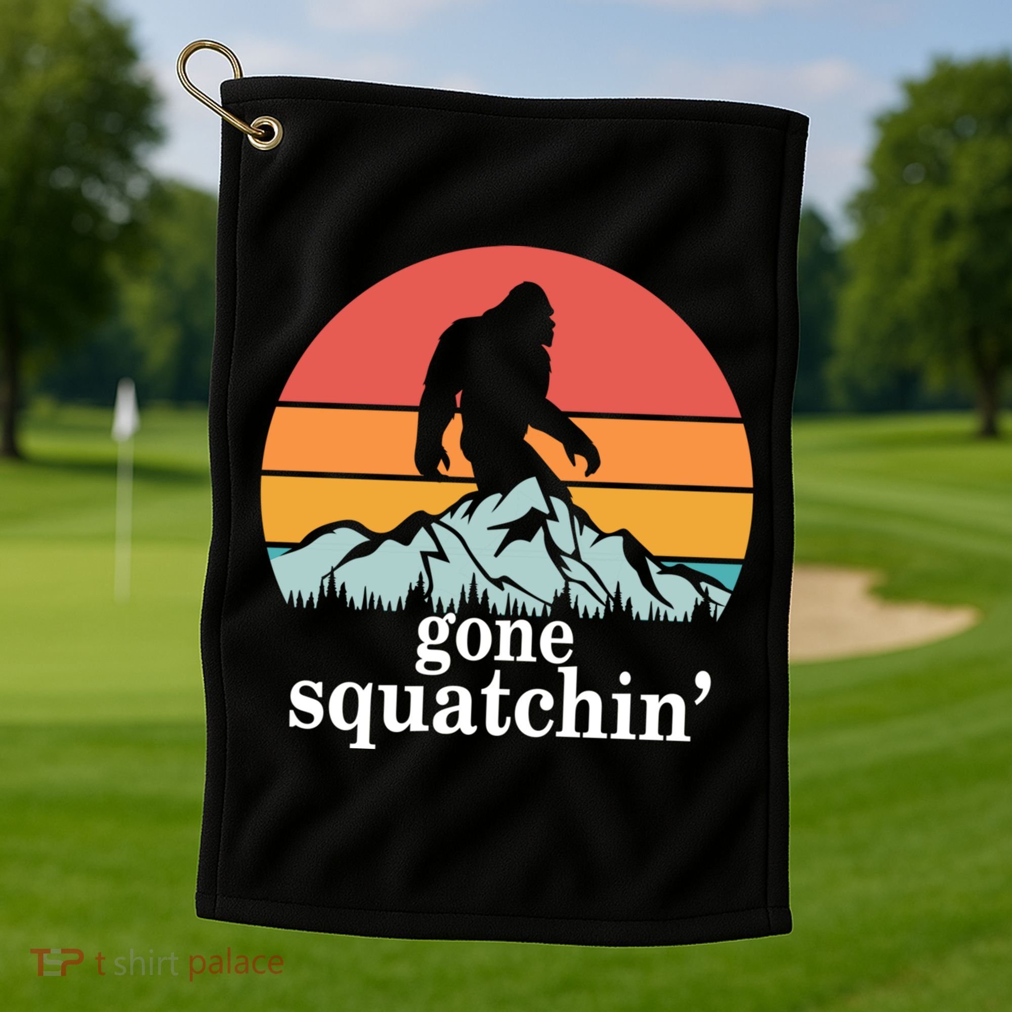 Gone Squatchin Bigfoot Mountain Retro Style Gift Golf Towel