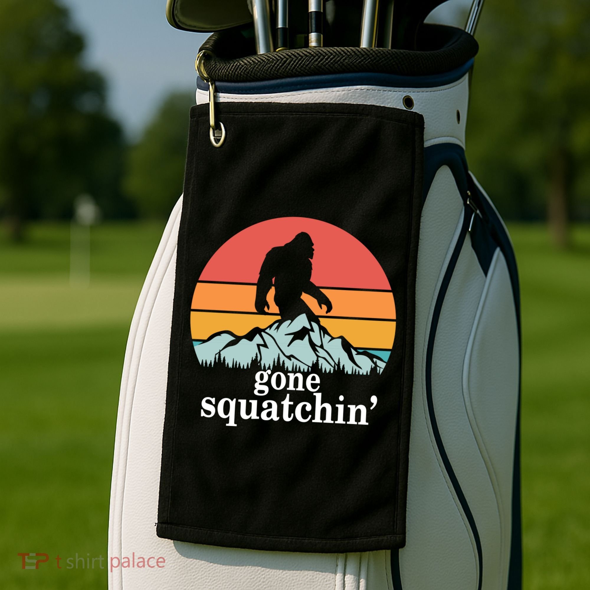 Gone Squatchin Bigfoot Mountain Retro Style Gift Golf Towel