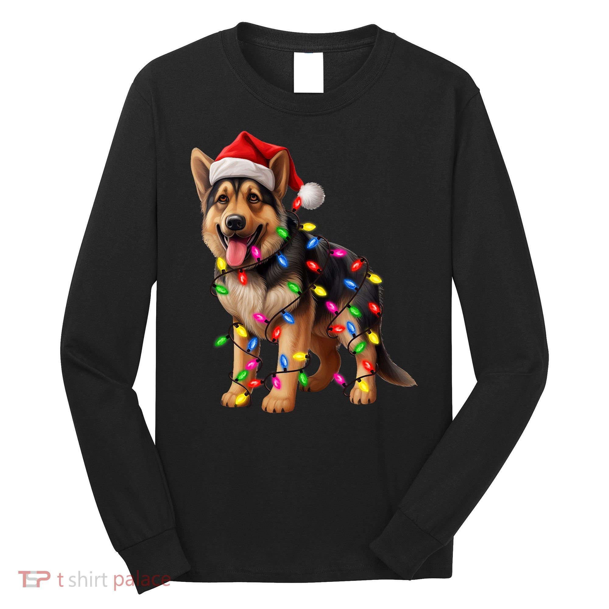 German Shepherd Christmas Lights Santa Hat Dog Lover Long Sleeve Shirt