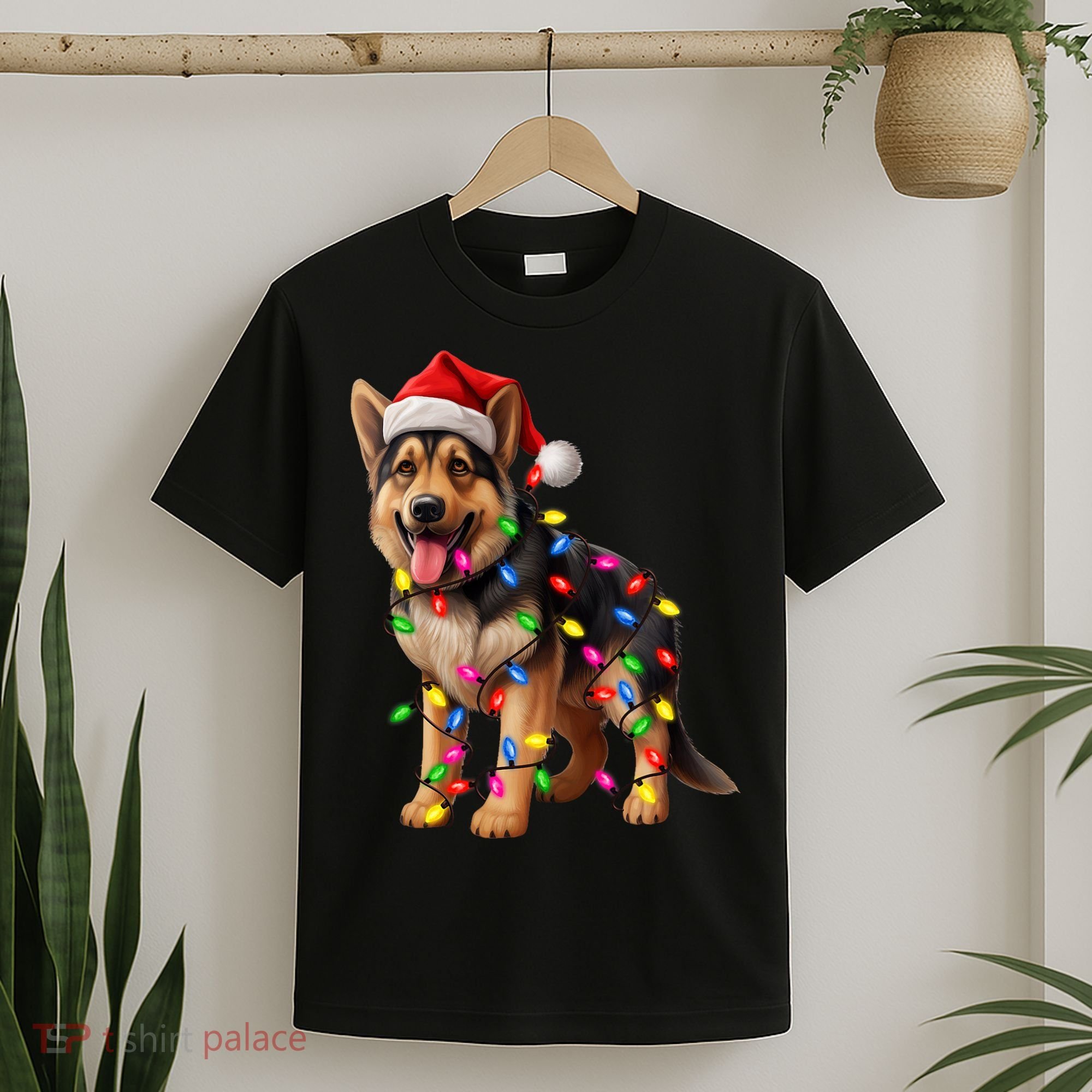 German Shepherd Christmas Lights Santa Hat Dog Lover T-Shirt