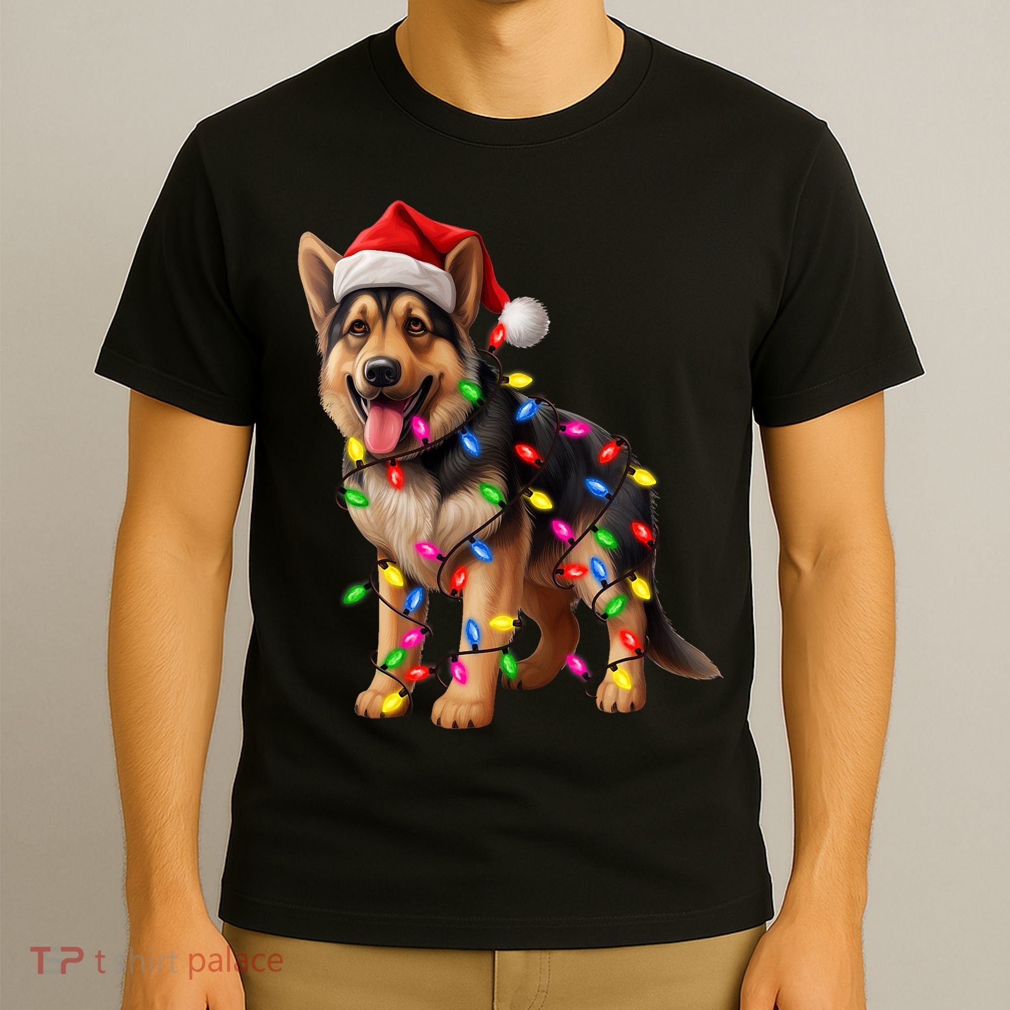 German Shepherd Christmas Lights Santa Hat Dog Lover T-Shirt
