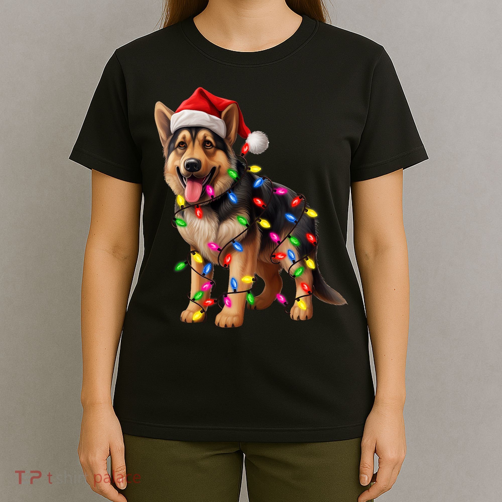 German Shepherd Christmas Lights Santa Hat Dog Lover T-Shirt