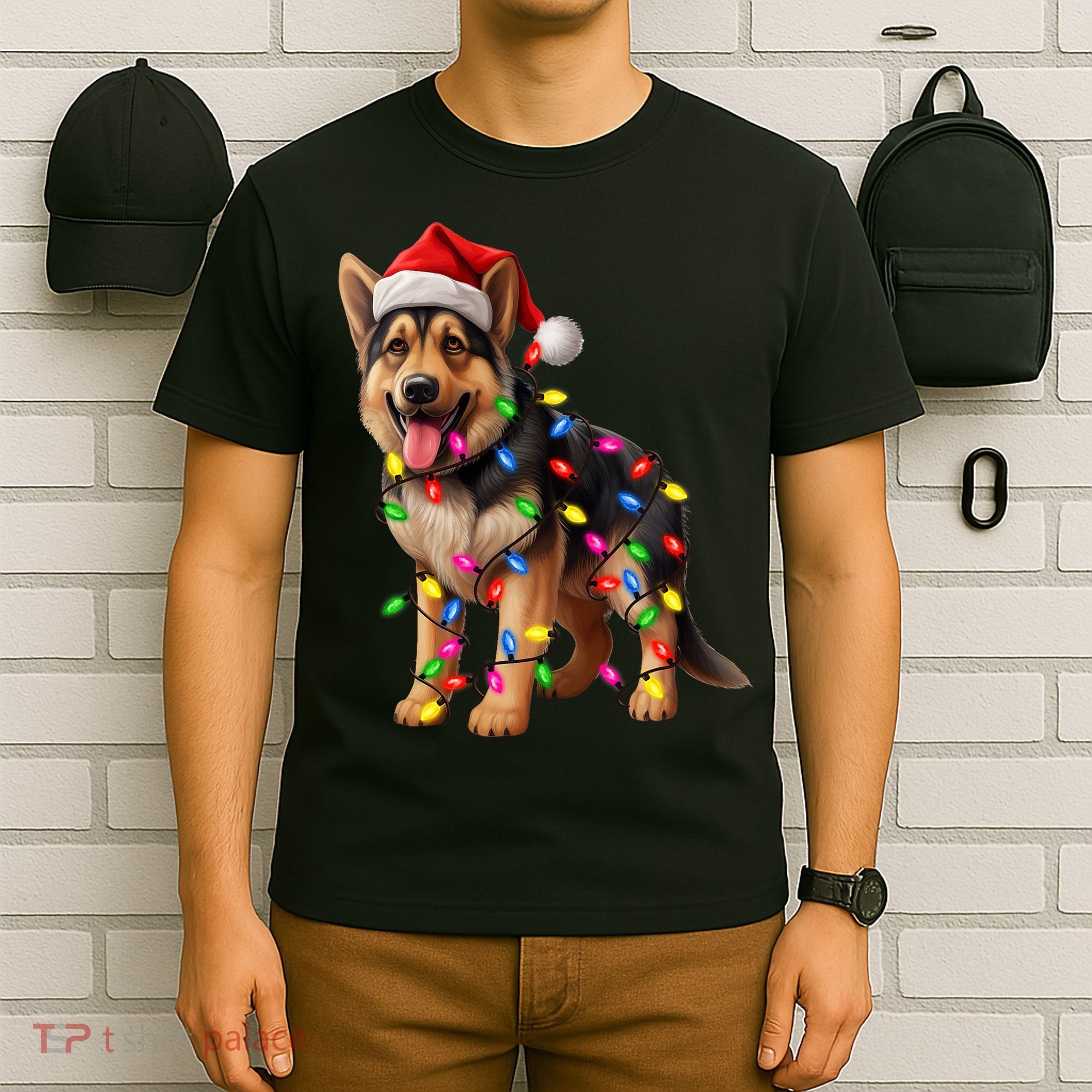 German Shepherd Christmas Lights Santa Hat Dog Lover T-Shirt
