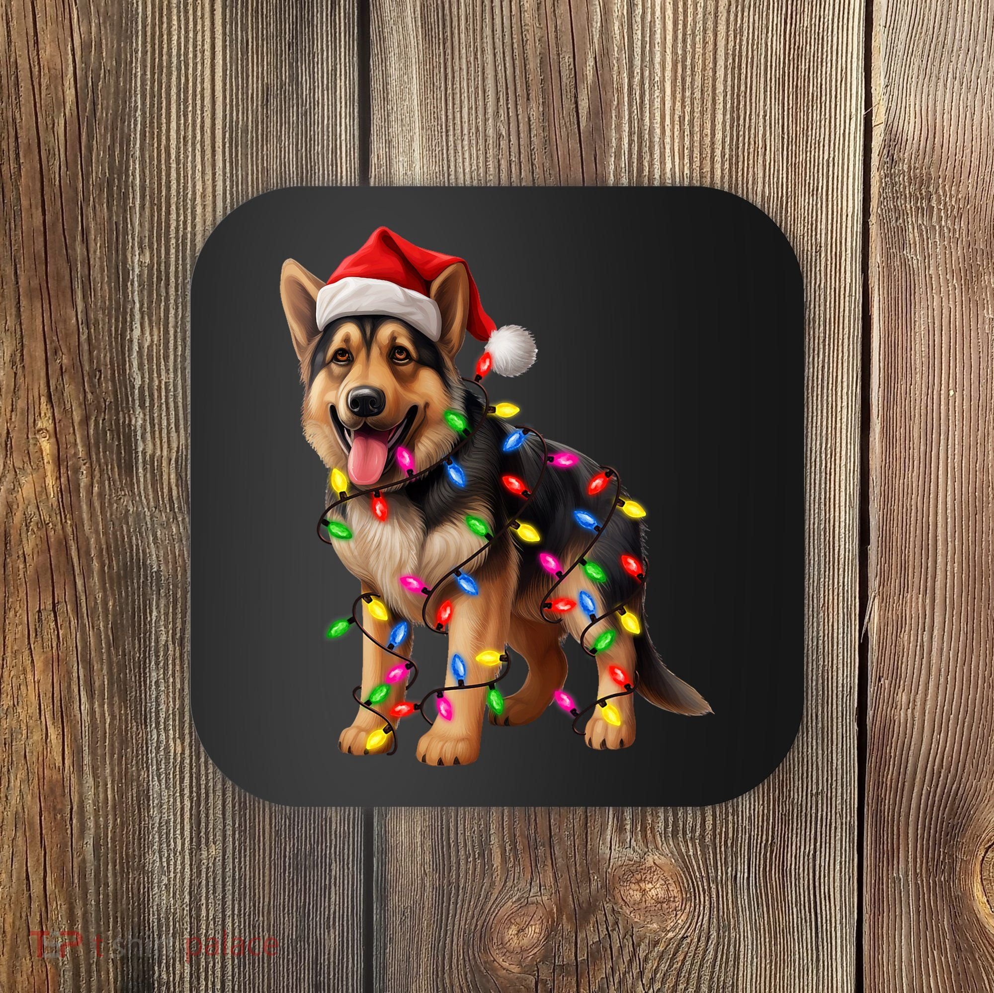 German Shepherd Christmas Lights Santa Hat Dog Lover Coaster