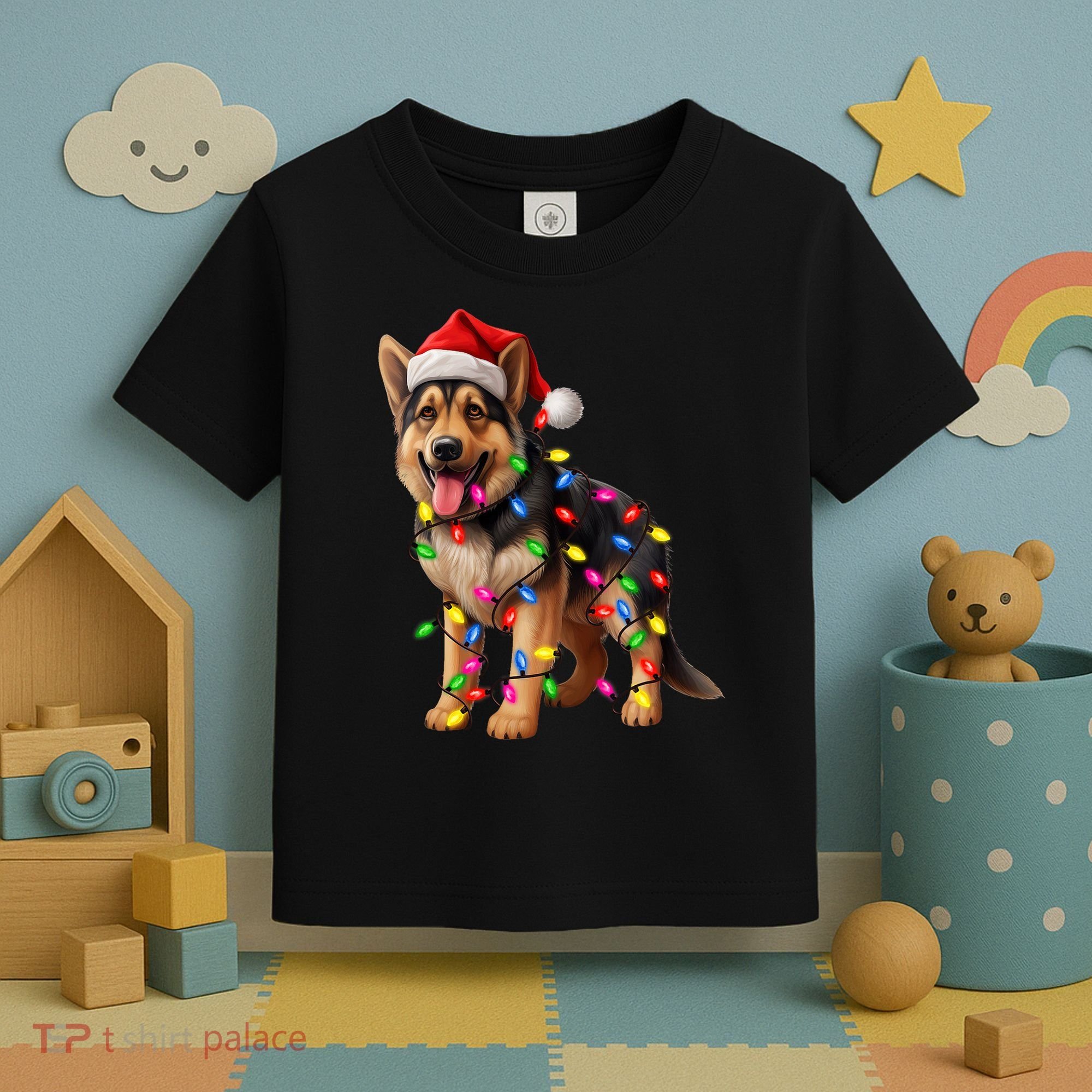 German Shepherd Christmas Lights Santa Hat Dog Lover Toddler T-Shirt