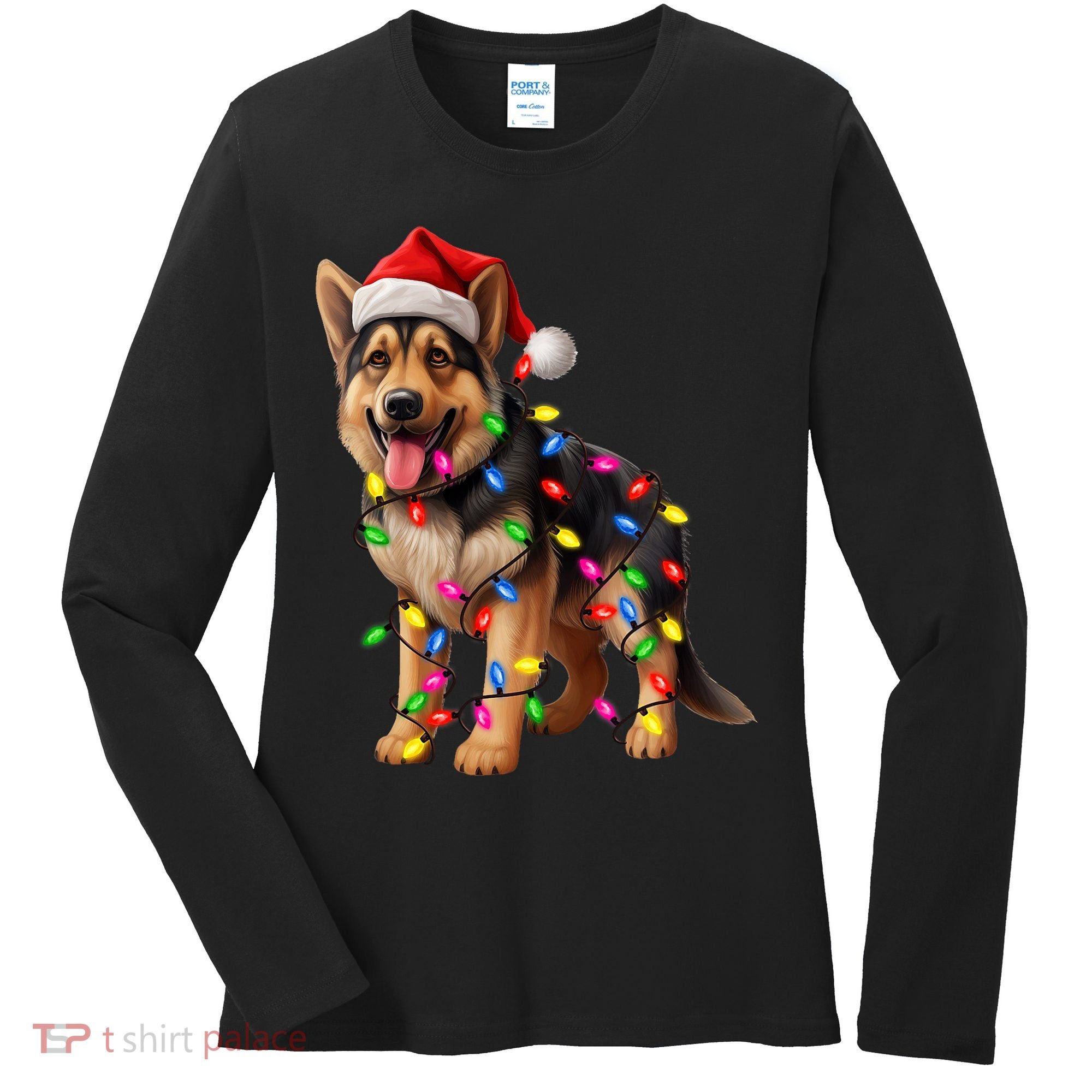 German Shepherd Christmas Lights Santa Hat Dog Lover Women's Long Sleeve Shirt