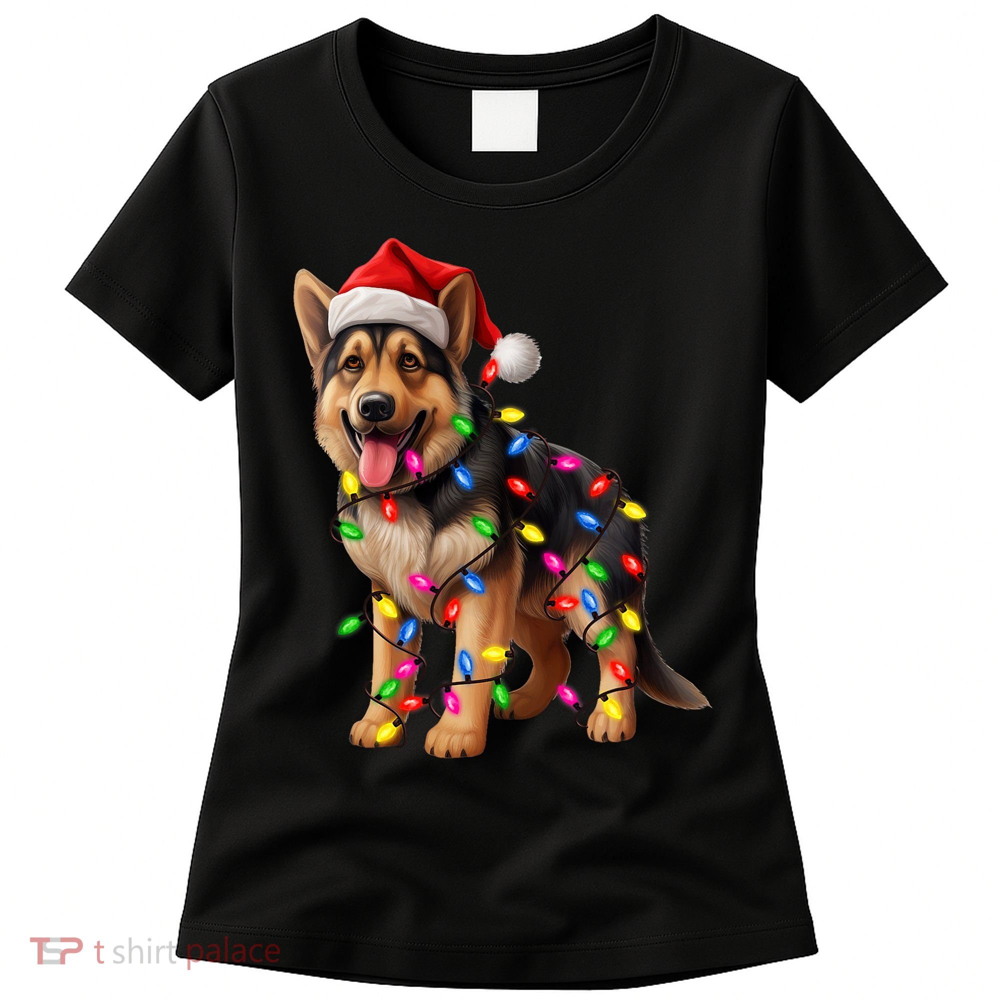 German Shepherd Christmas Lights Santa Hat Dog Lover Women's T-Shirt