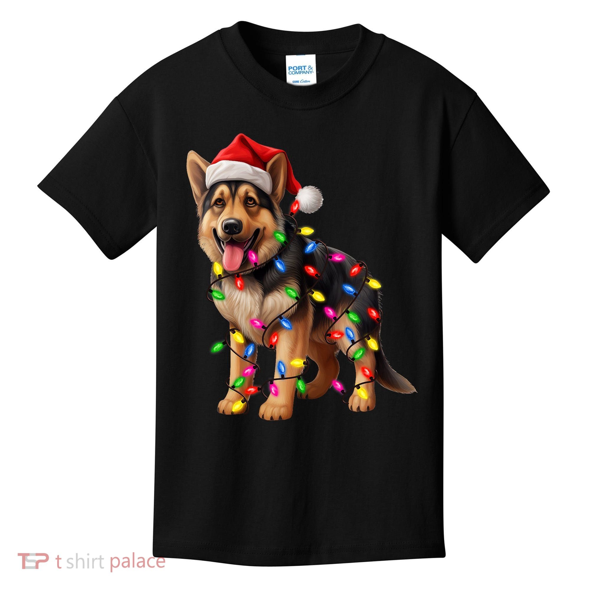 German Shepherd Christmas Lights Santa Hat Dog Lover Kids T-Shirt