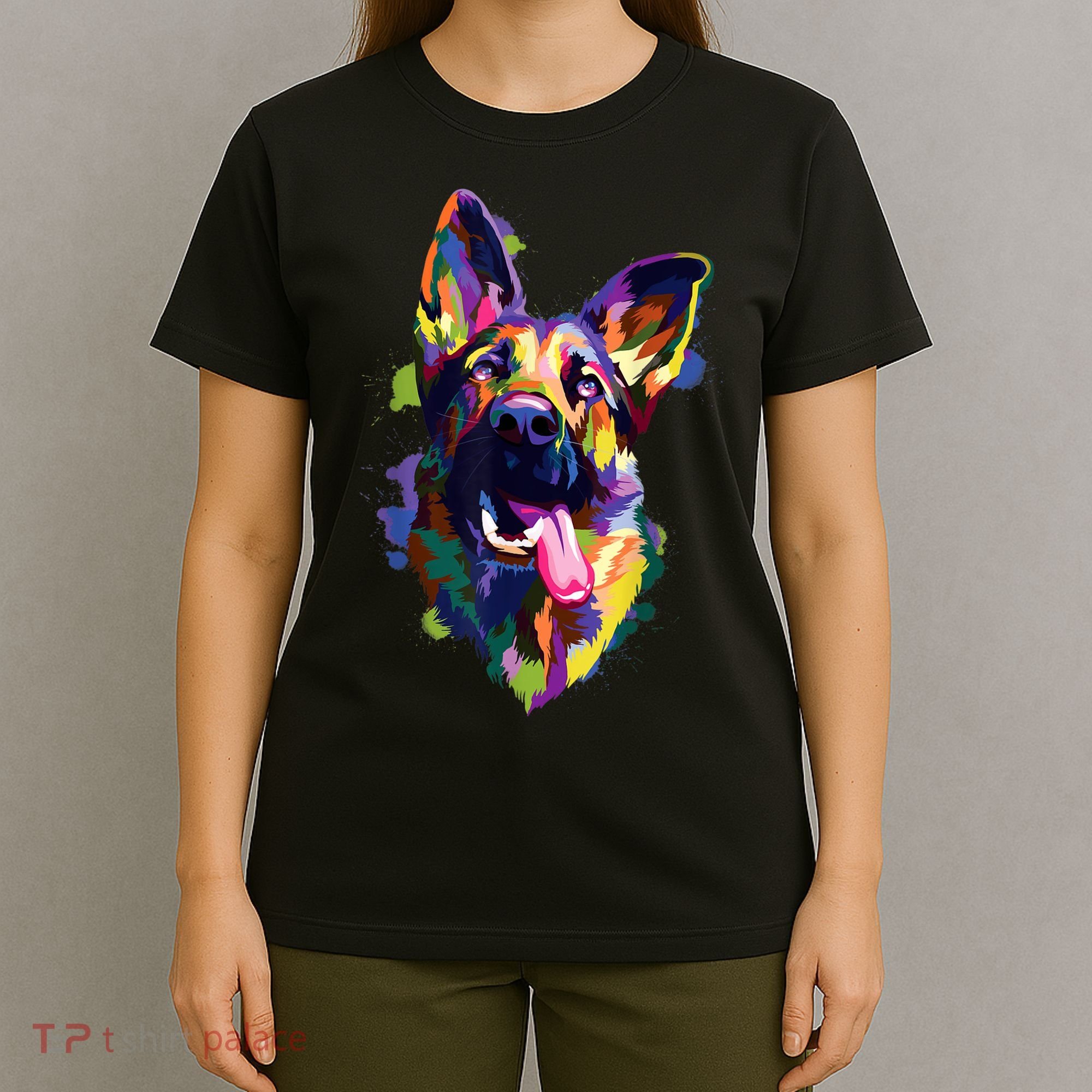 German Shepherd Dog Face Watercolor Colorful Pop Splash Art T-Shirt