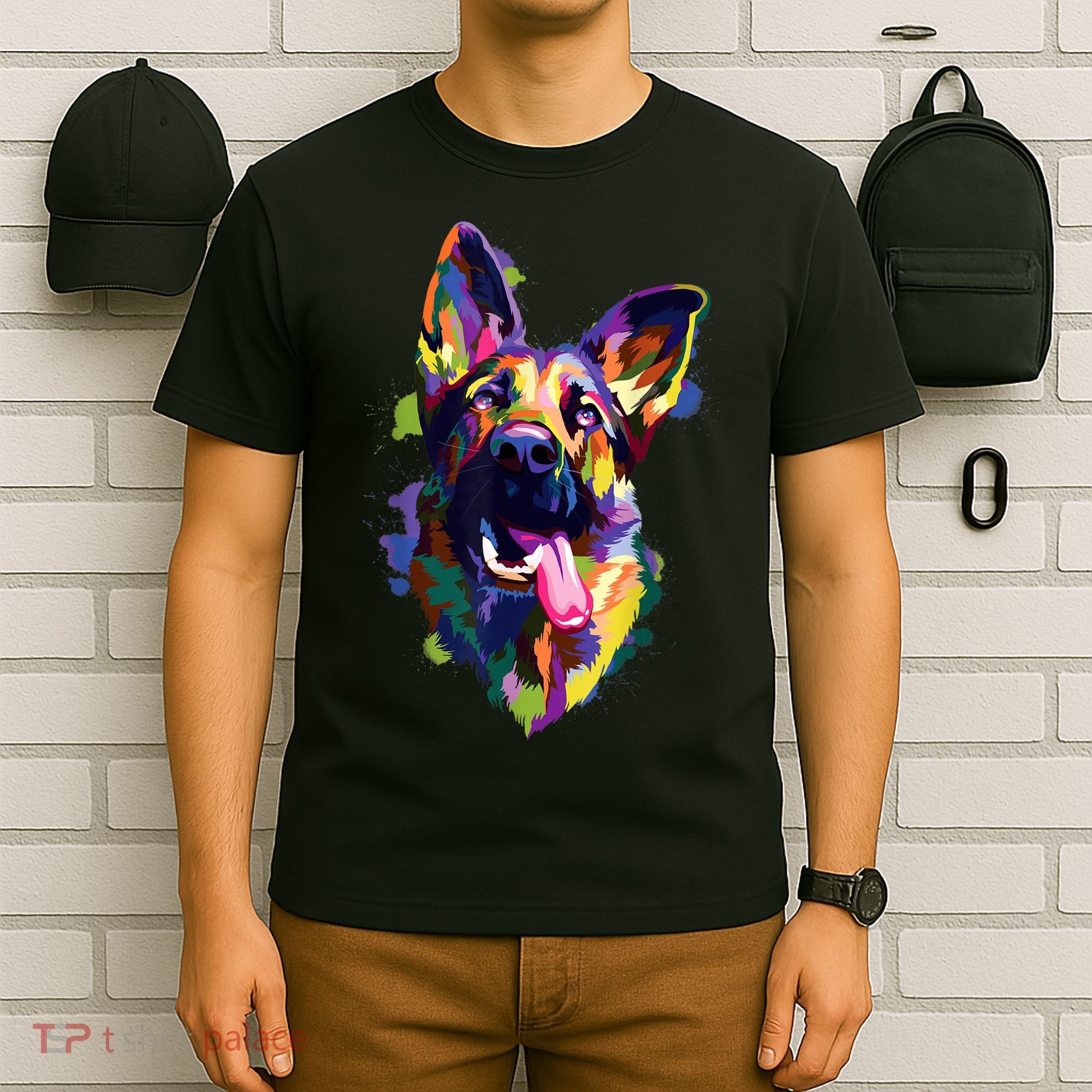 German Shepherd Dog Face Watercolor Colorful Pop Splash Art T-Shirt
