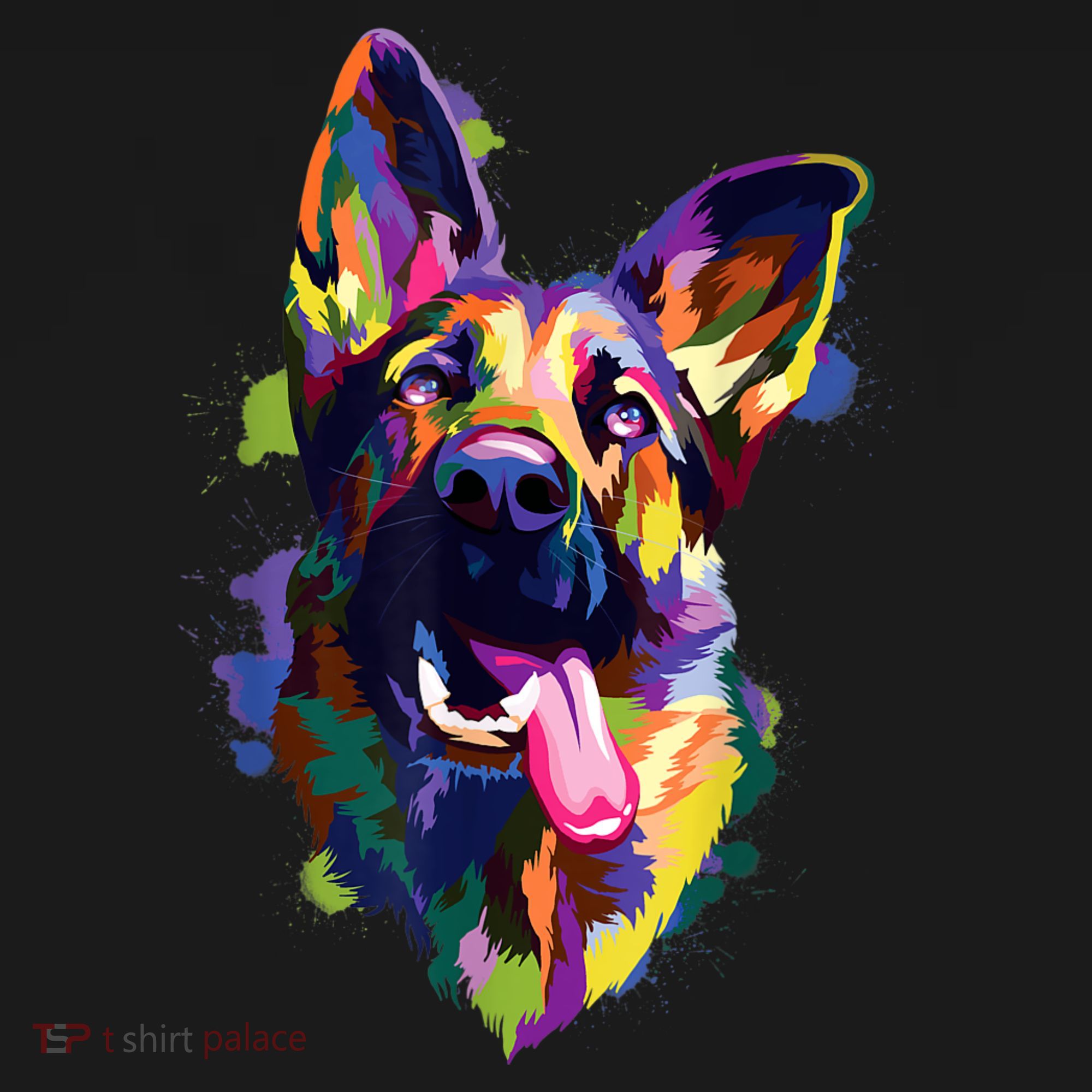 German Shepherd Dog Face Watercolor Colorful Pop Splash Art T-Shirt