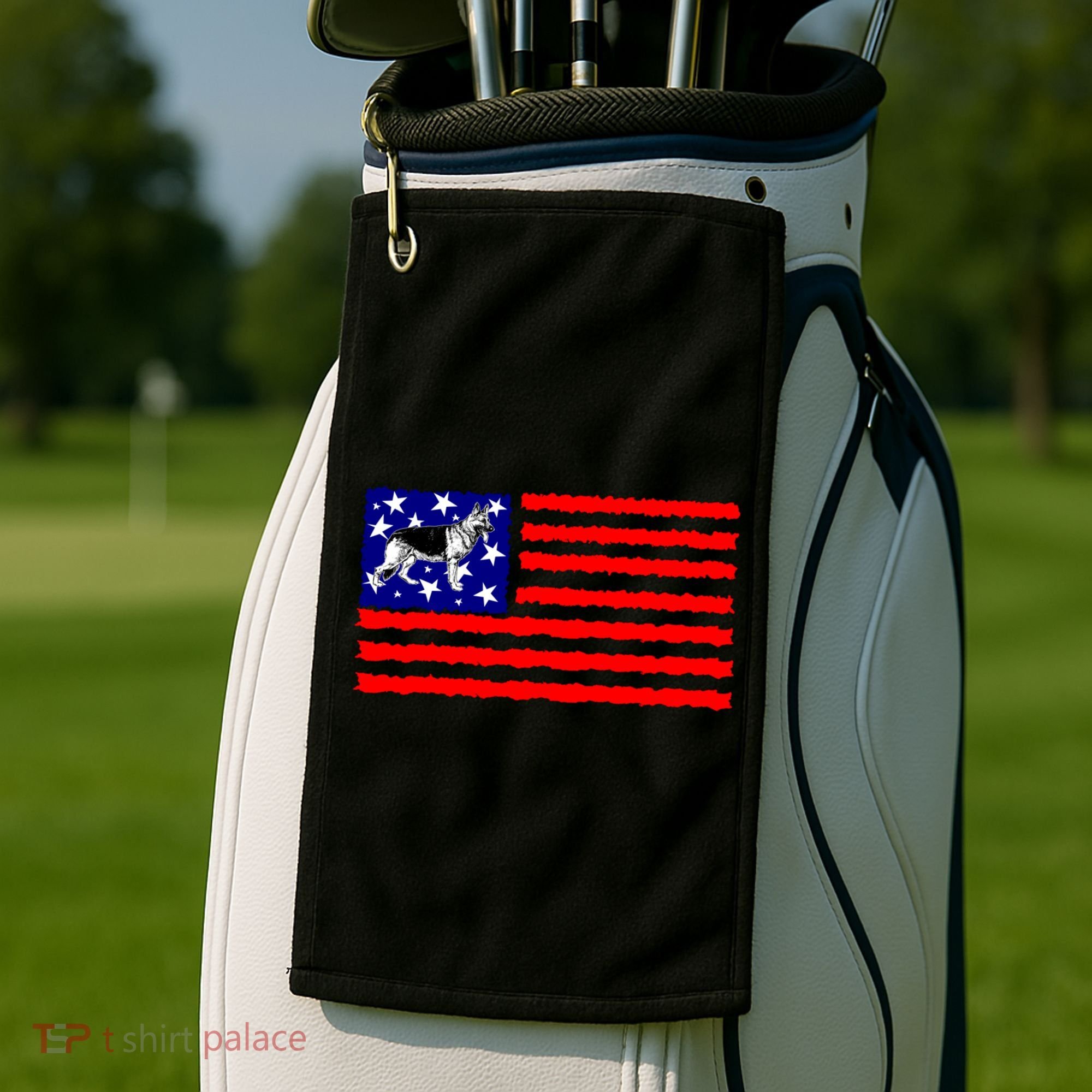 German Shepherd Dog Patriotic American Flag Gift Golf Towel