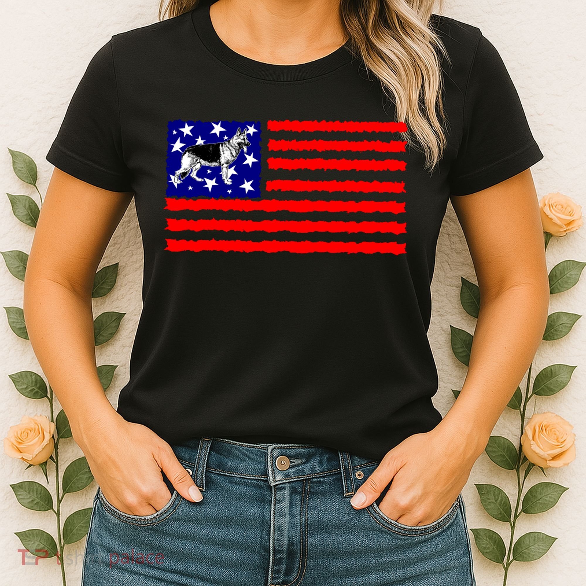 German Shepherd Dog Patriotic American Flag Gift Women's T-Shirt