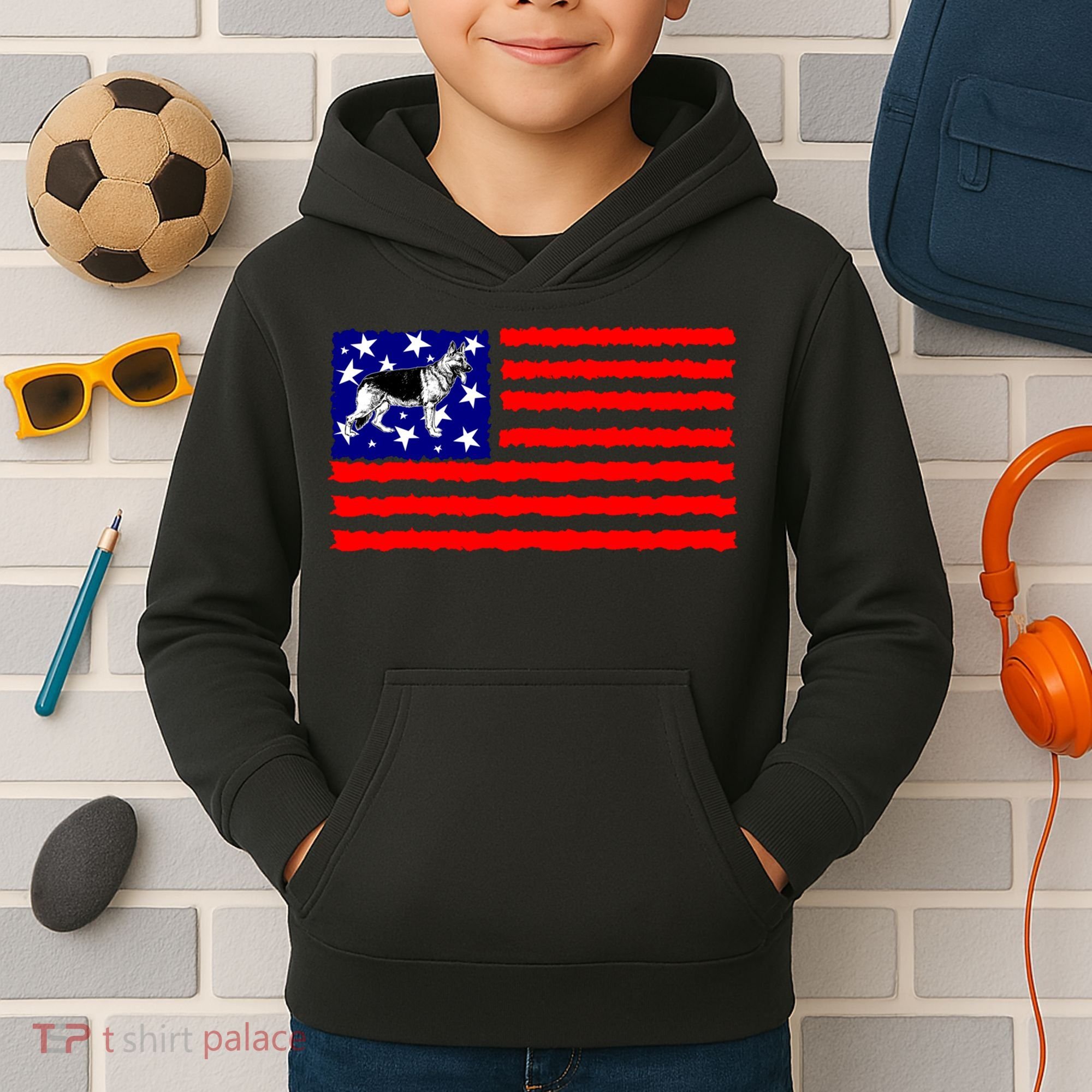 German Shepherd Dog Patriotic American Flag Gift Kids Hoodie