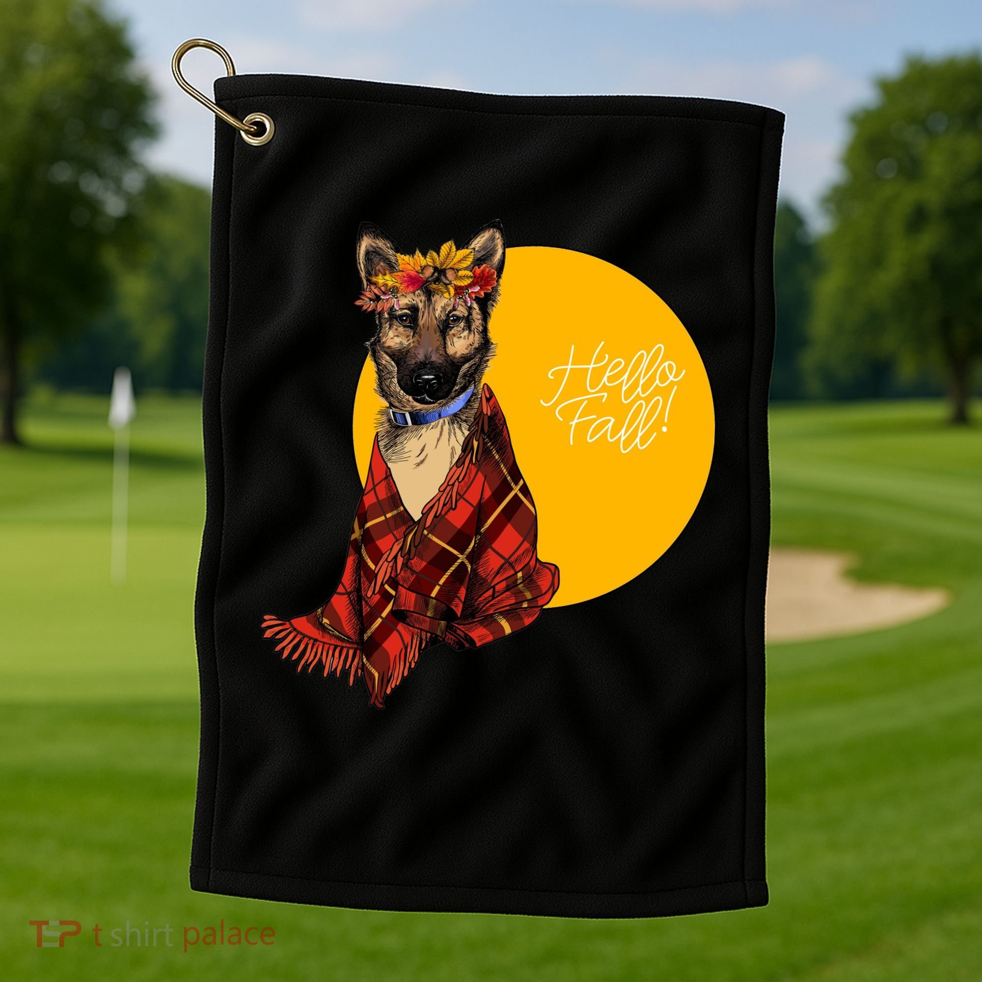 German Shepherd Dog Autumn leaves Blanket Hello Fall Golf Towel