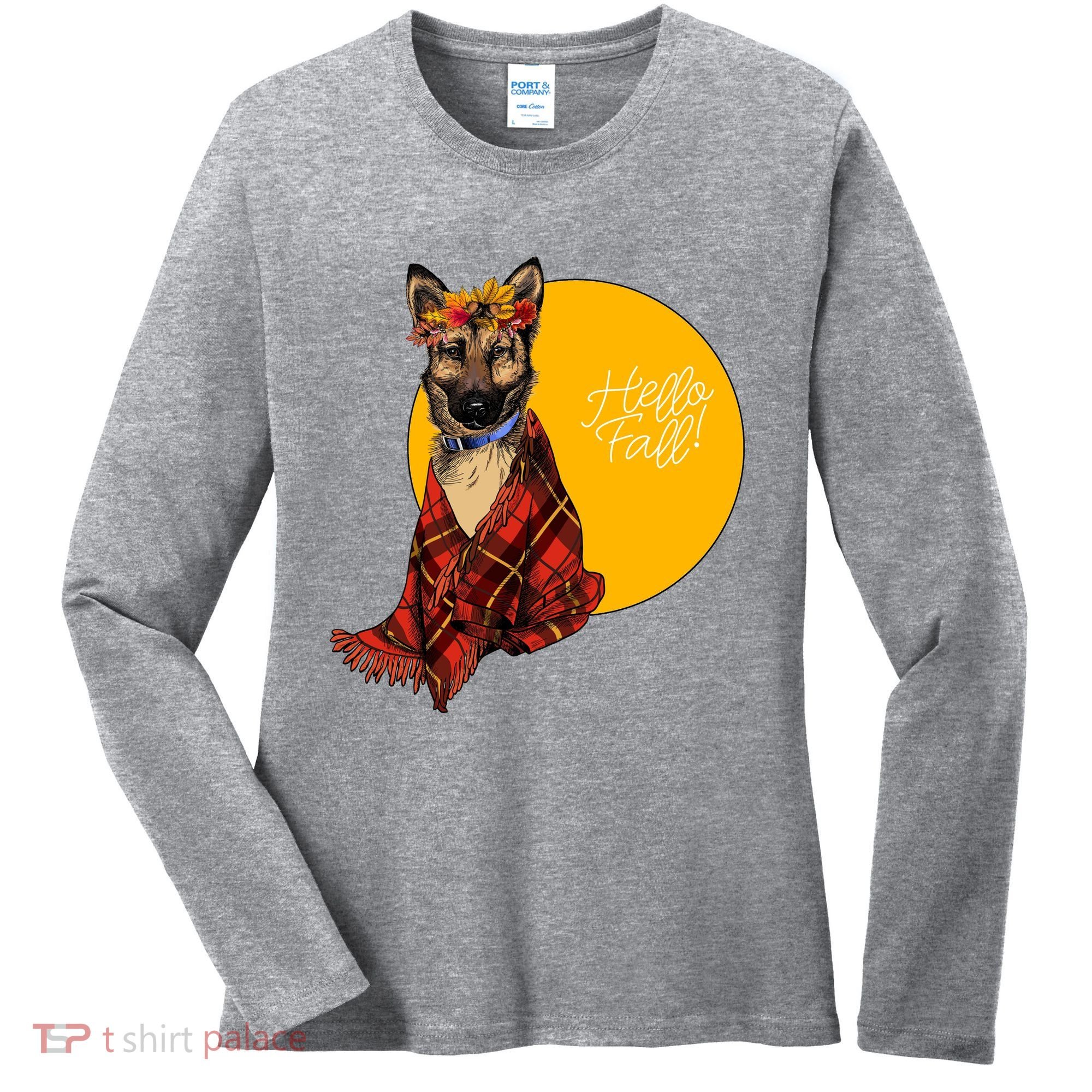 German Shepherd Dog Autumn leaves Blanket Hello Fall Women's Long Sleeve Shirt