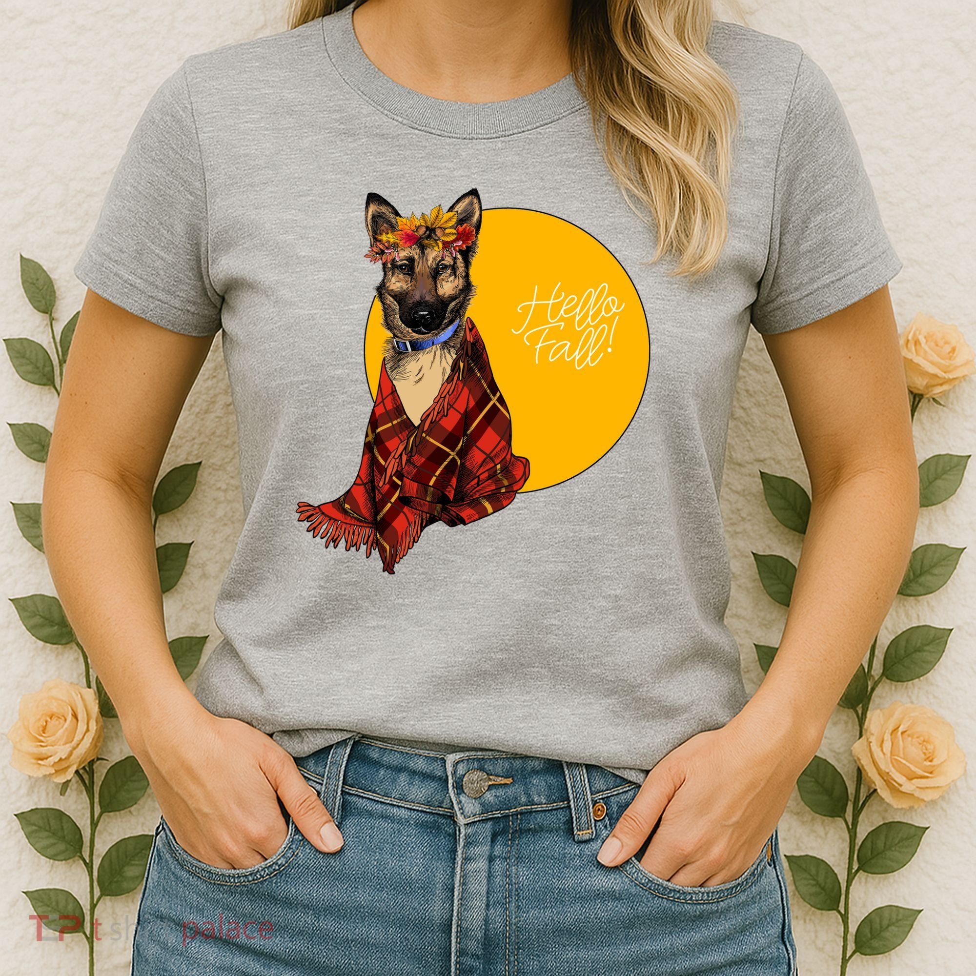 German Shepherd Dog Autumn leaves Blanket Hello Fall Women's T-Shirt