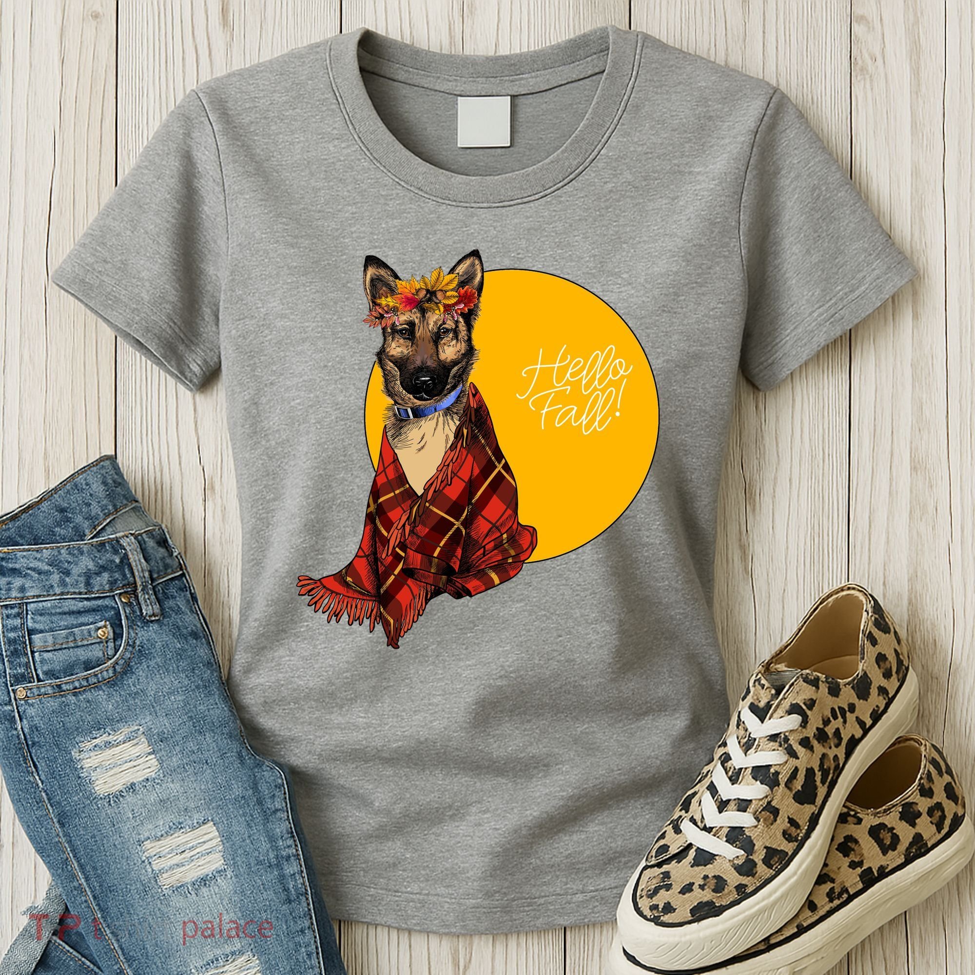 German Shepherd Dog Autumn leaves Blanket Hello Fall Women's T-Shirt
