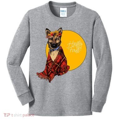 German Shepherd Dog Autumn leaves Blanket Hello Fall Kids Long Sleeve Shirt