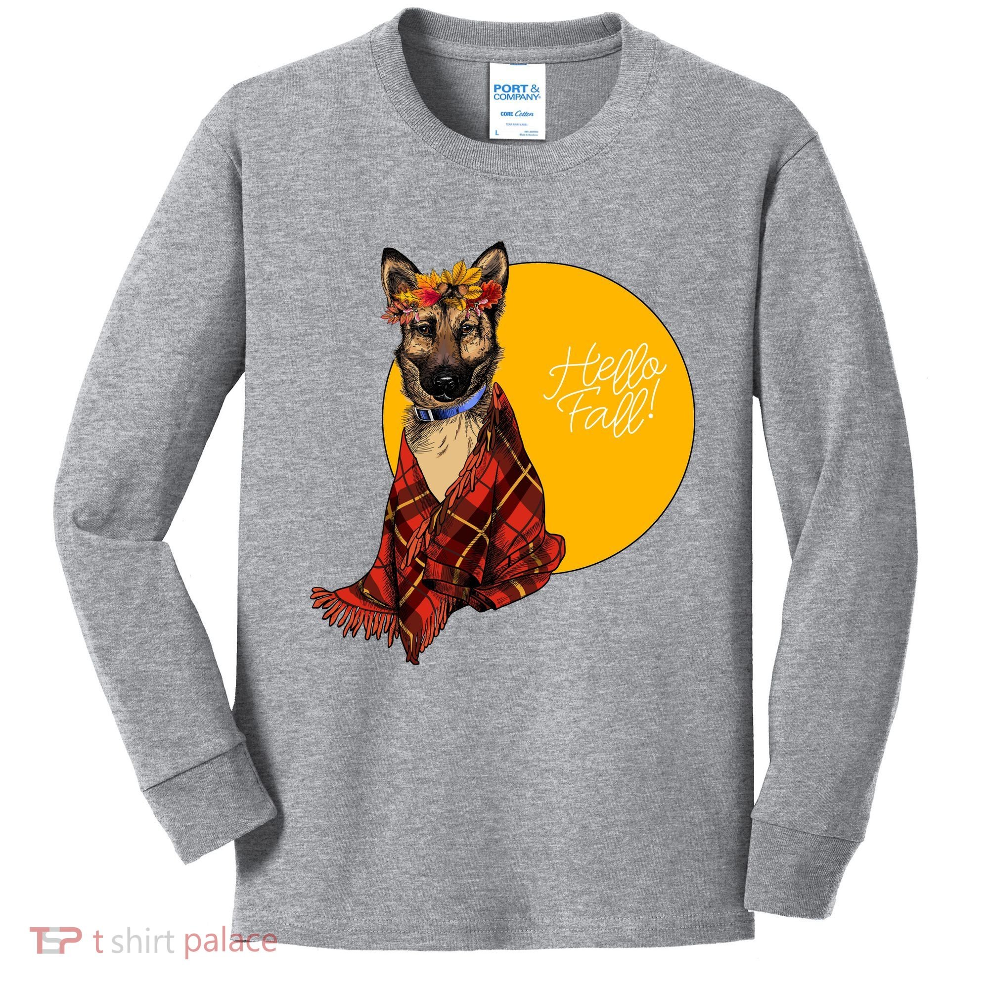 German Shepherd Dog Autumn leaves Blanket Hello Fall Kids Long Sleeve Shirt