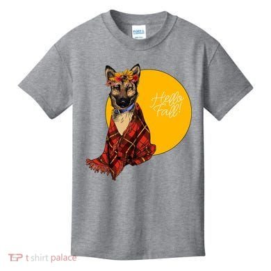 German Shepherd Dog Autumn leaves Blanket Hello Fall Kids T-Shirt