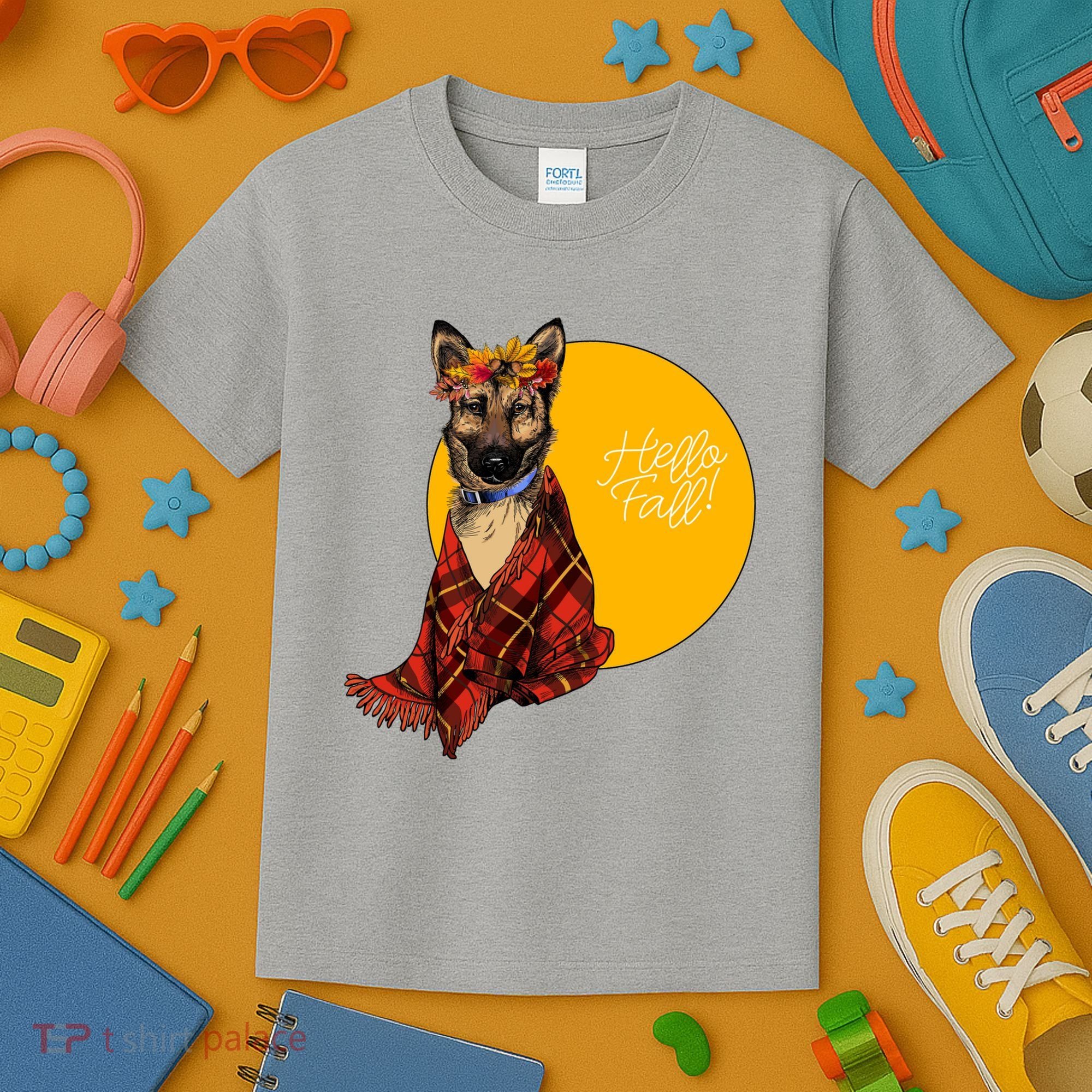 German Shepherd Dog Autumn leaves Blanket Hello Fall Kids T-Shirt