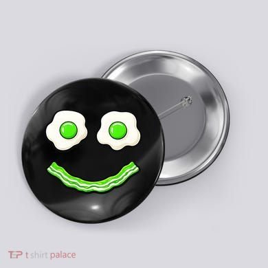 Green Smile Face Eggs And Bacon Ham Breakfast Button