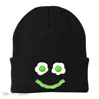 Green Smile Face Eggs And Bacon Ham Breakfast Beanie
