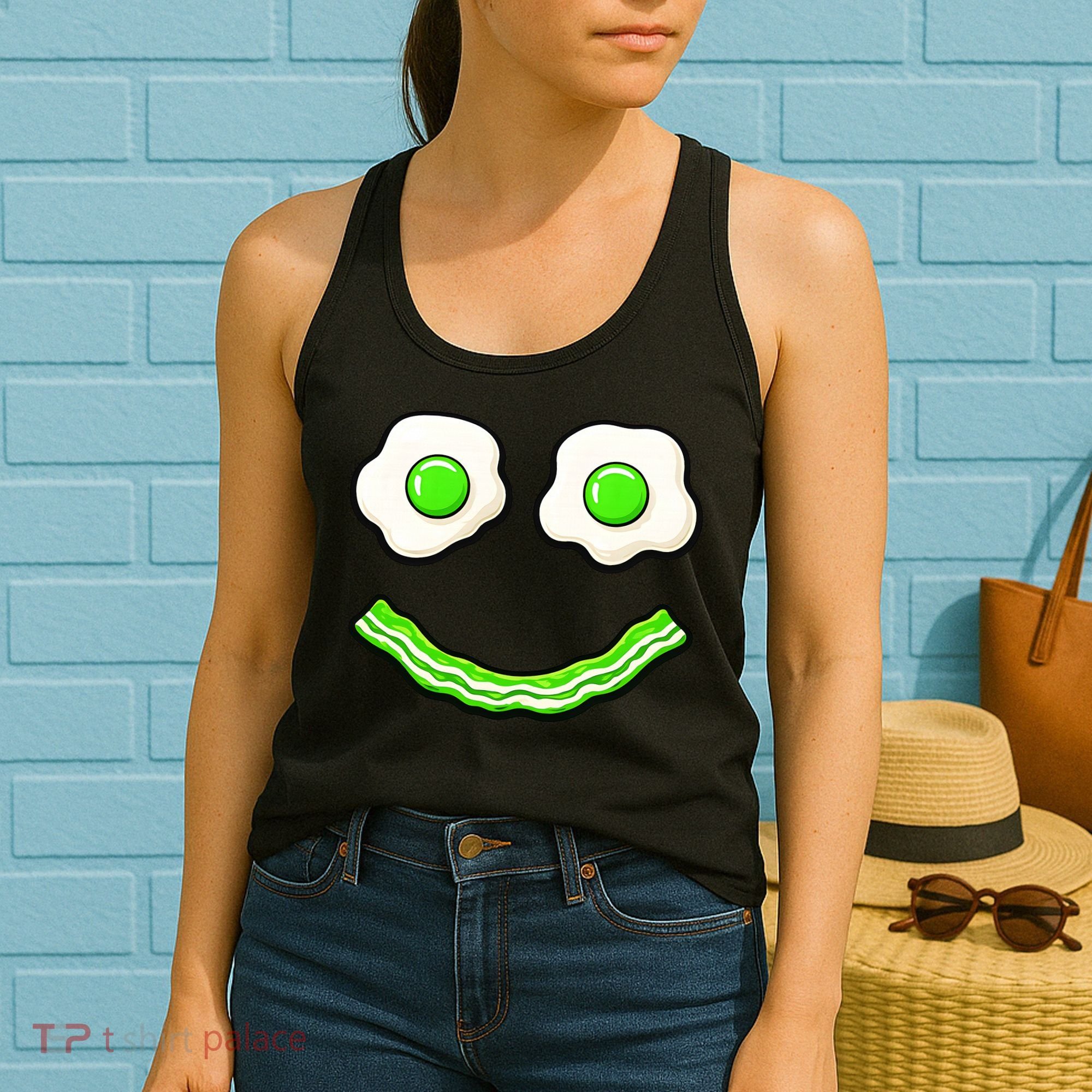 Green Smile Face Eggs And Bacon Ham Breakfast Women's Tank Top
