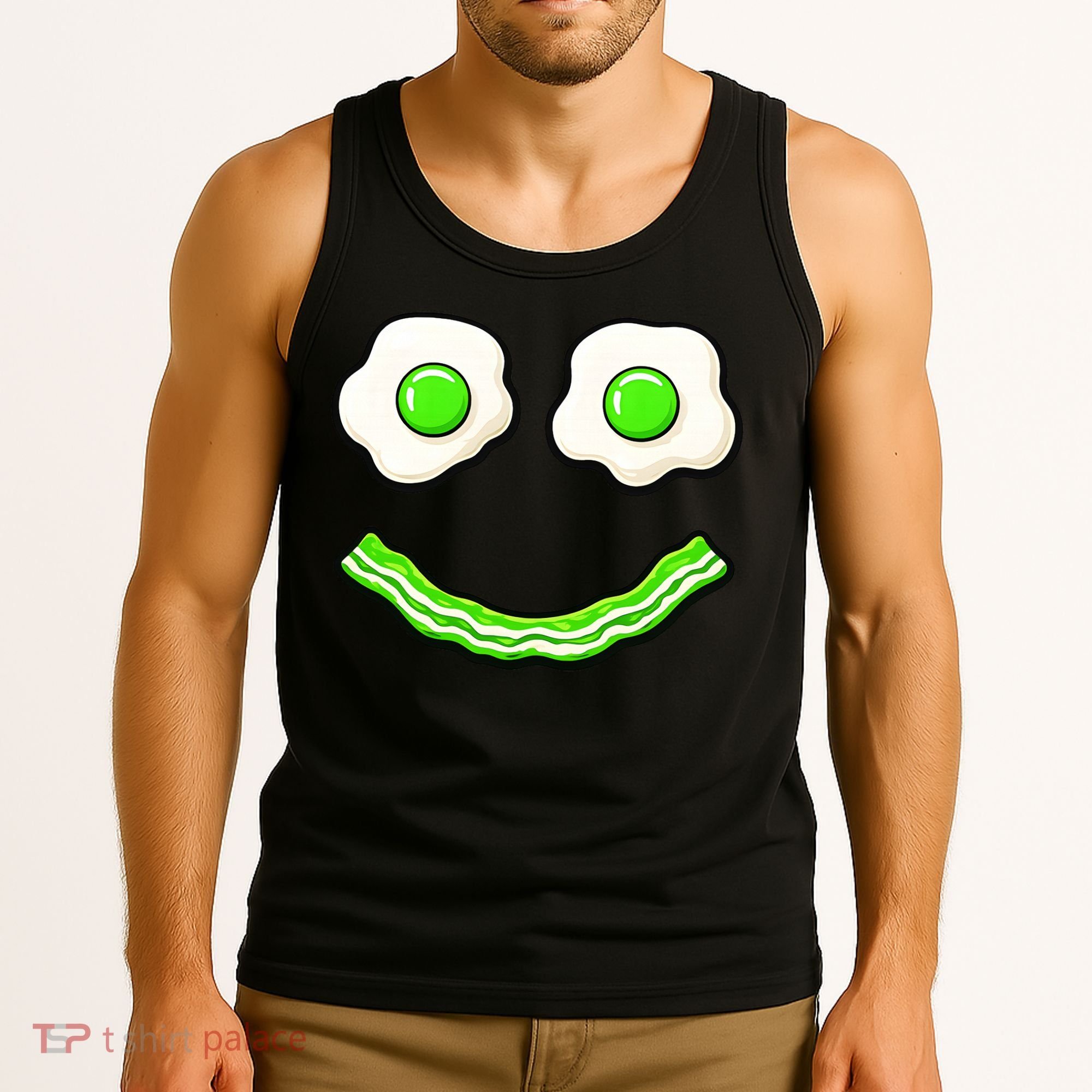 Green Smile Face Eggs And Bacon Ham Breakfast Tank Top