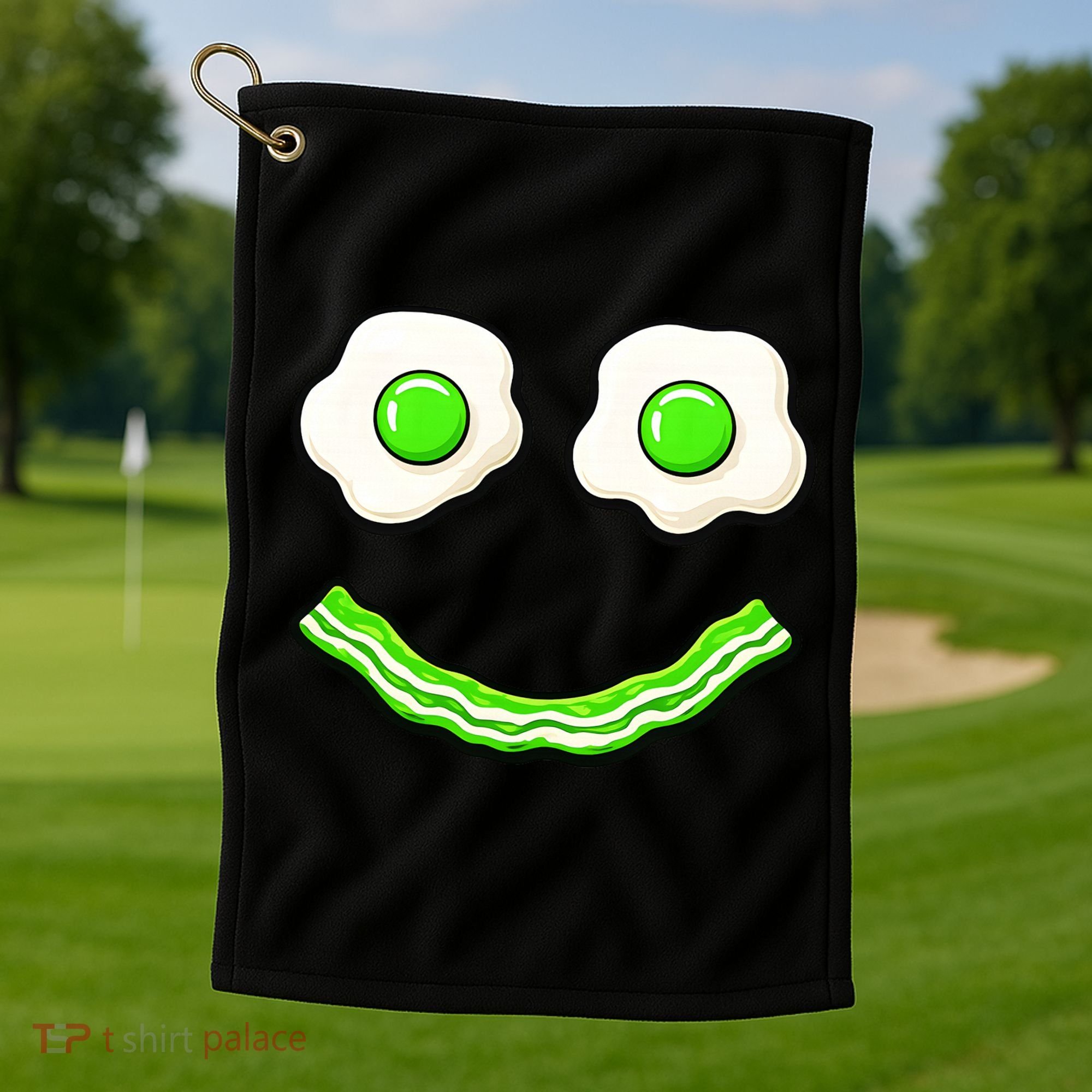 Green Smile Face Eggs And Bacon Ham Breakfast Golf Towel