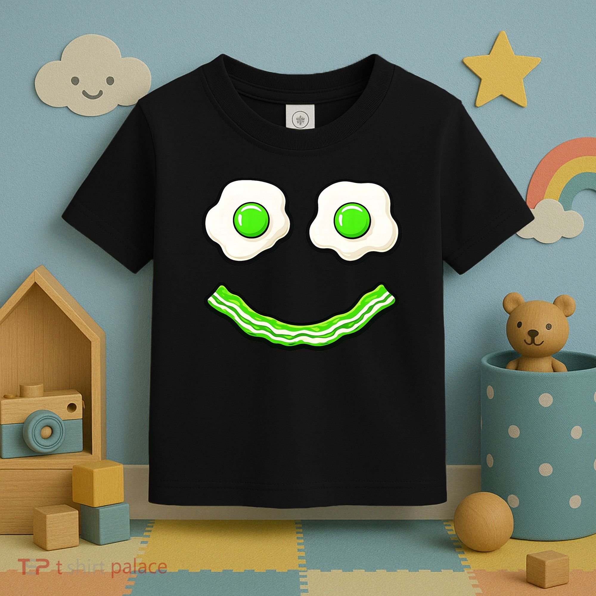 Green Smile Face Eggs And Bacon Ham Breakfast Toddler T-Shirt