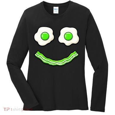 Green Smile Face Eggs And Bacon Ham Breakfast Women's Long Sleeve Shirt