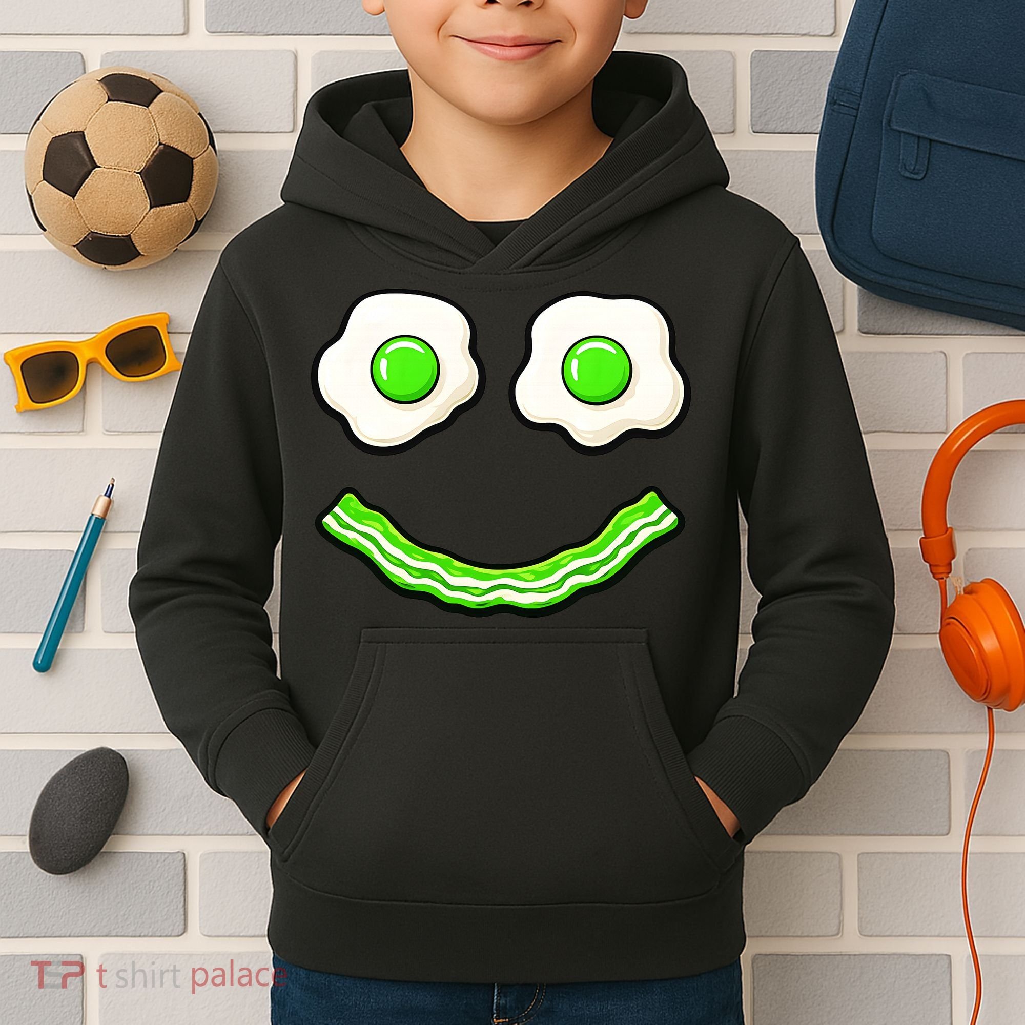 Green Smile Face Eggs And Bacon Ham Breakfast Kids Hoodie