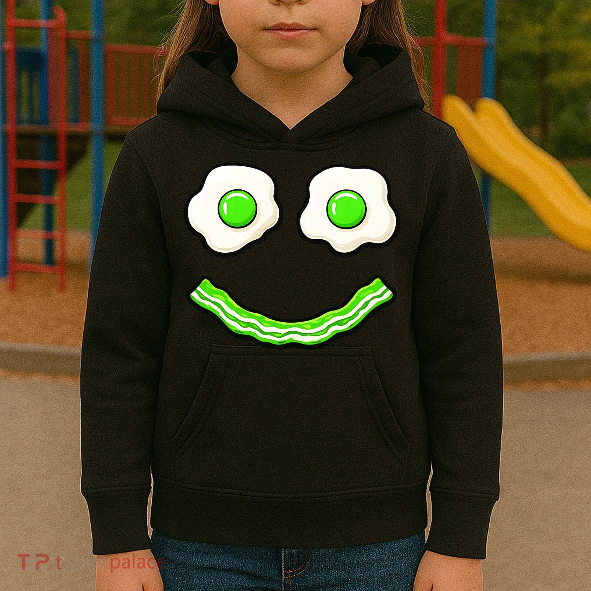 Green Smile Face Eggs And Bacon Ham Breakfast Kids Hoodie