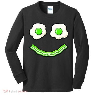 Green Smile Face Eggs And Bacon Ham Breakfast Kids Long Sleeve Shirt